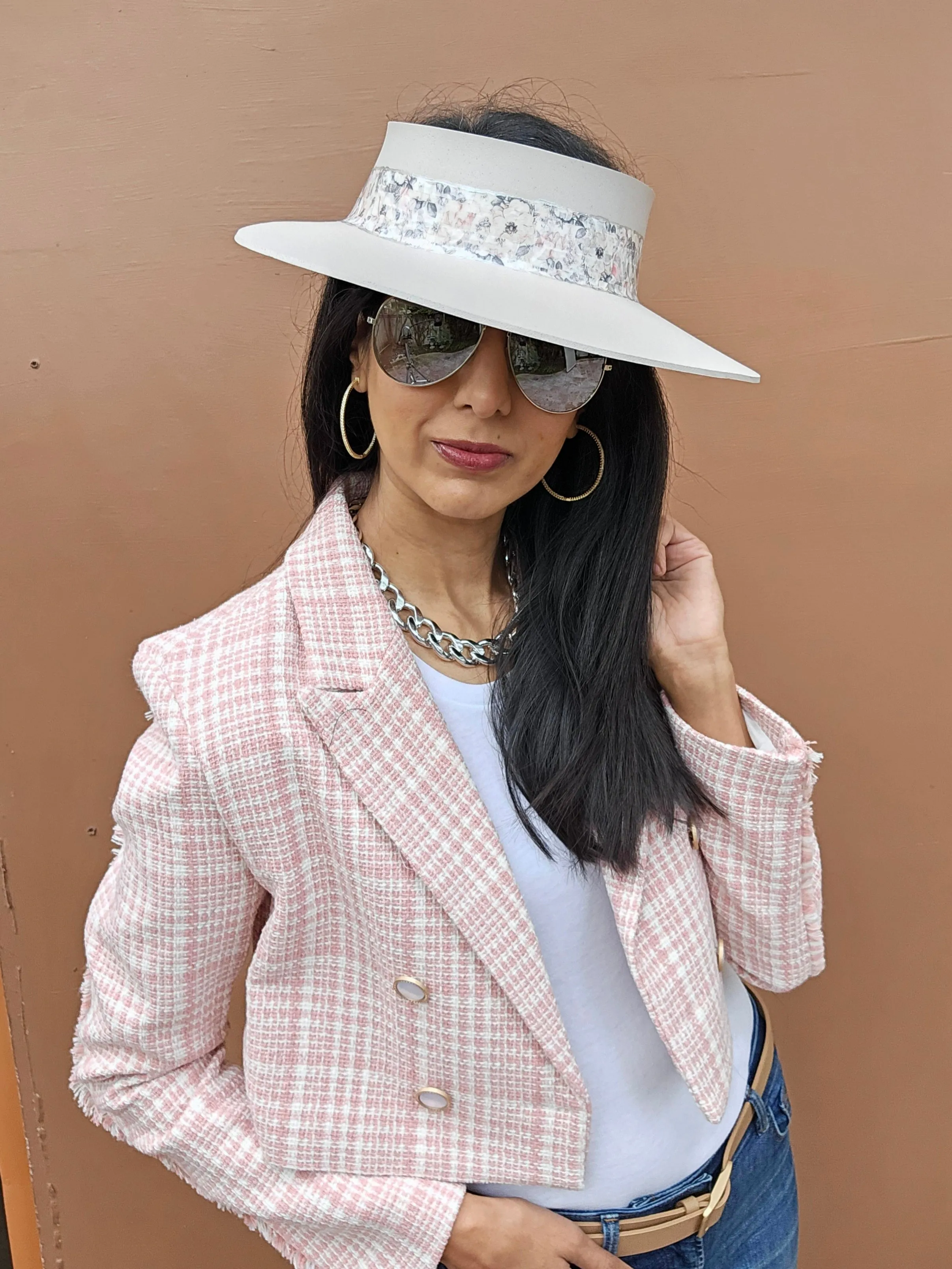 Tall Light Pink "LadyEVA" Visor Hat with Pink Floral Band