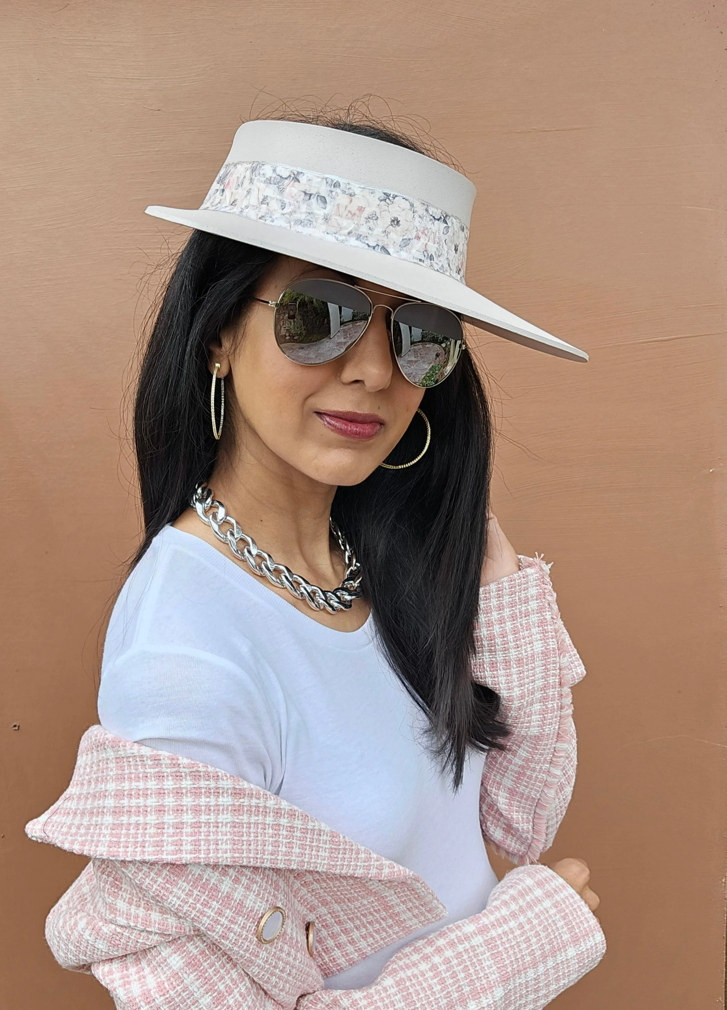 Tall Light Pink "LadyEVA" Visor Hat with Pink Floral Band