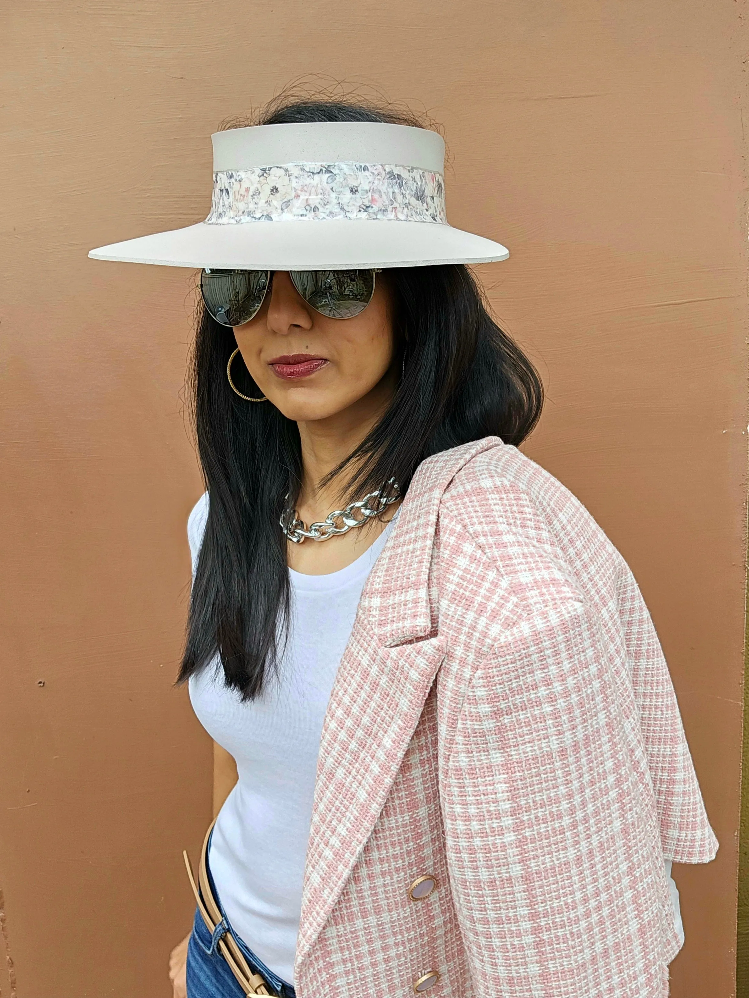 Tall Light Pink "LadyEVA" Visor Hat with Pink Floral Band