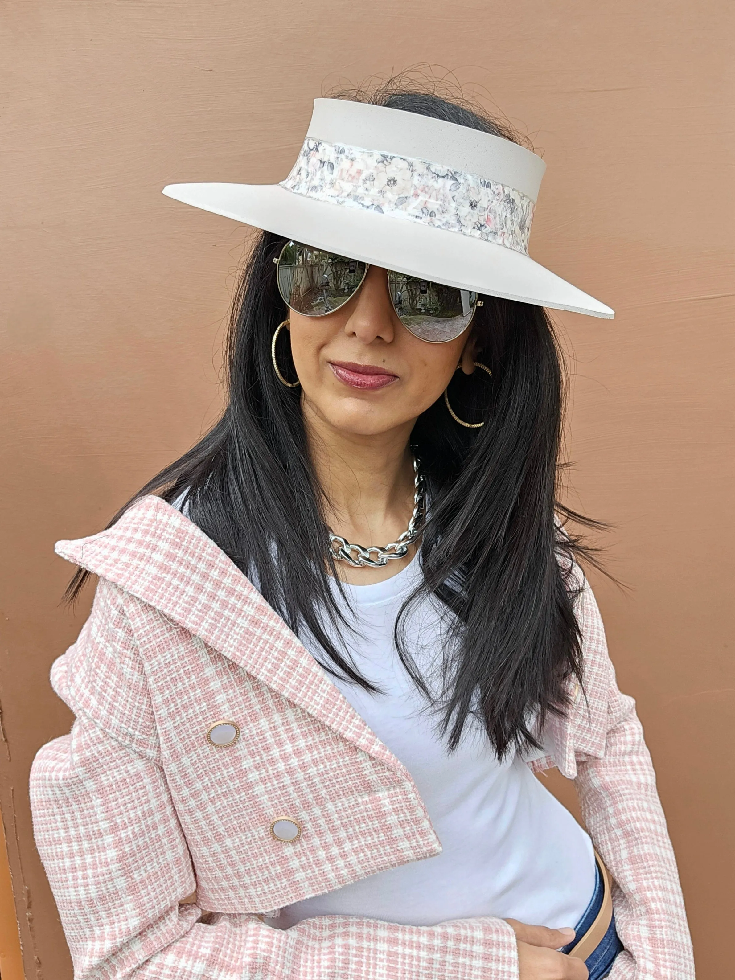 Tall Light Pink "LadyEVA" Visor Hat with Pink Floral Band