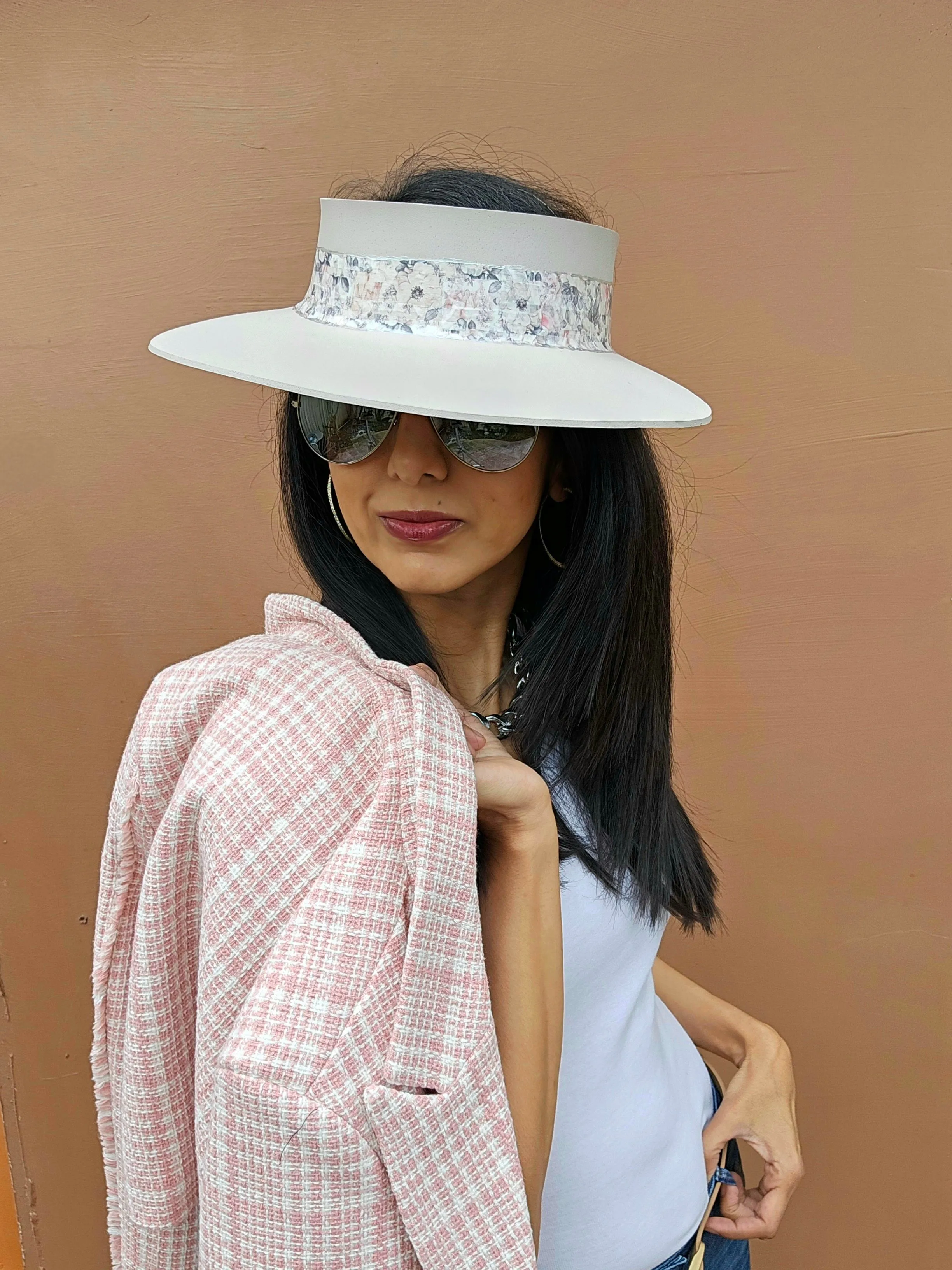 Tall Light Pink "LadyEVA" Visor Hat with Pink Floral Band