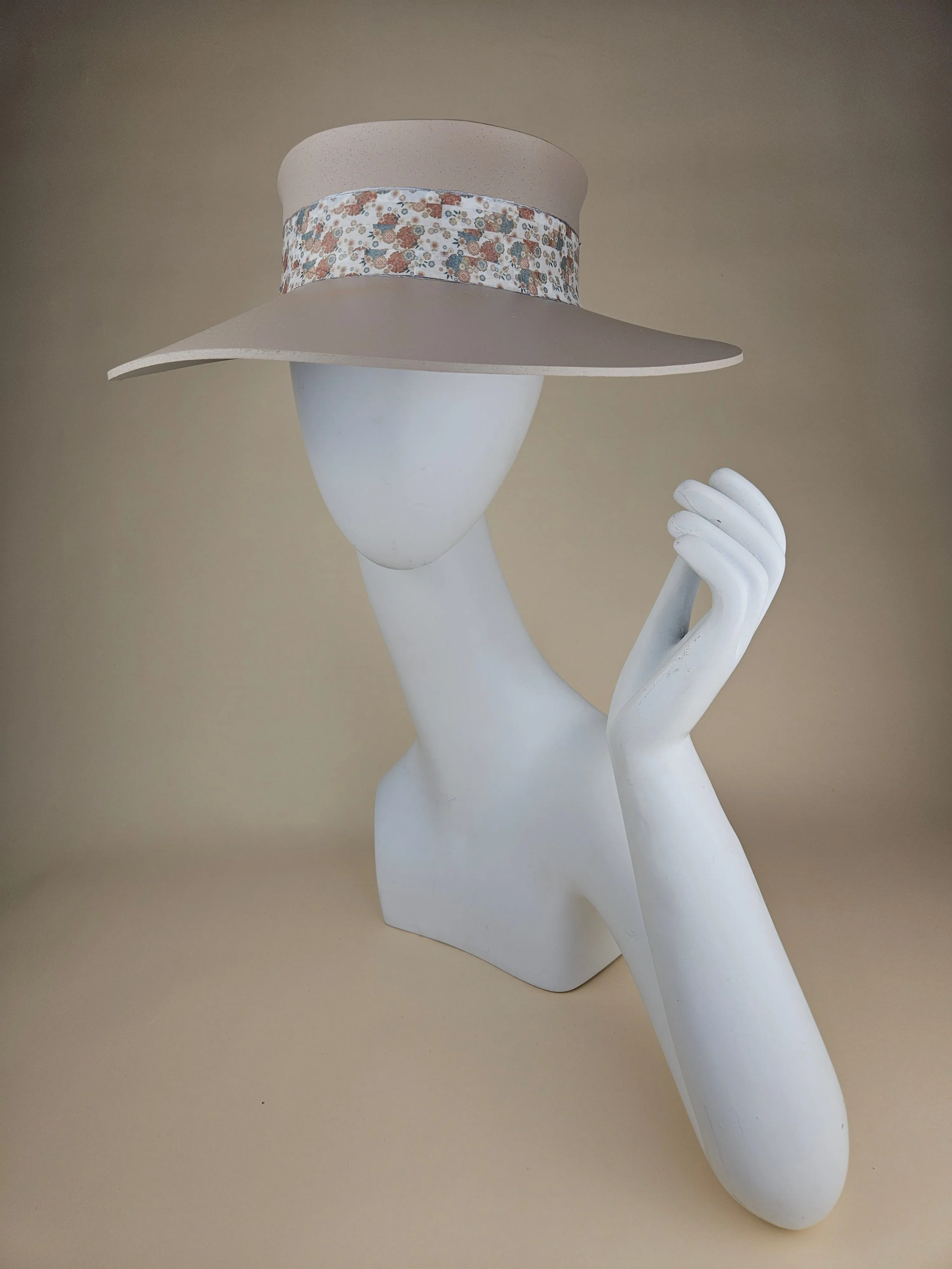 Tall Peach Gray "LadyEVA" Visor Hat with Muted Floral Band