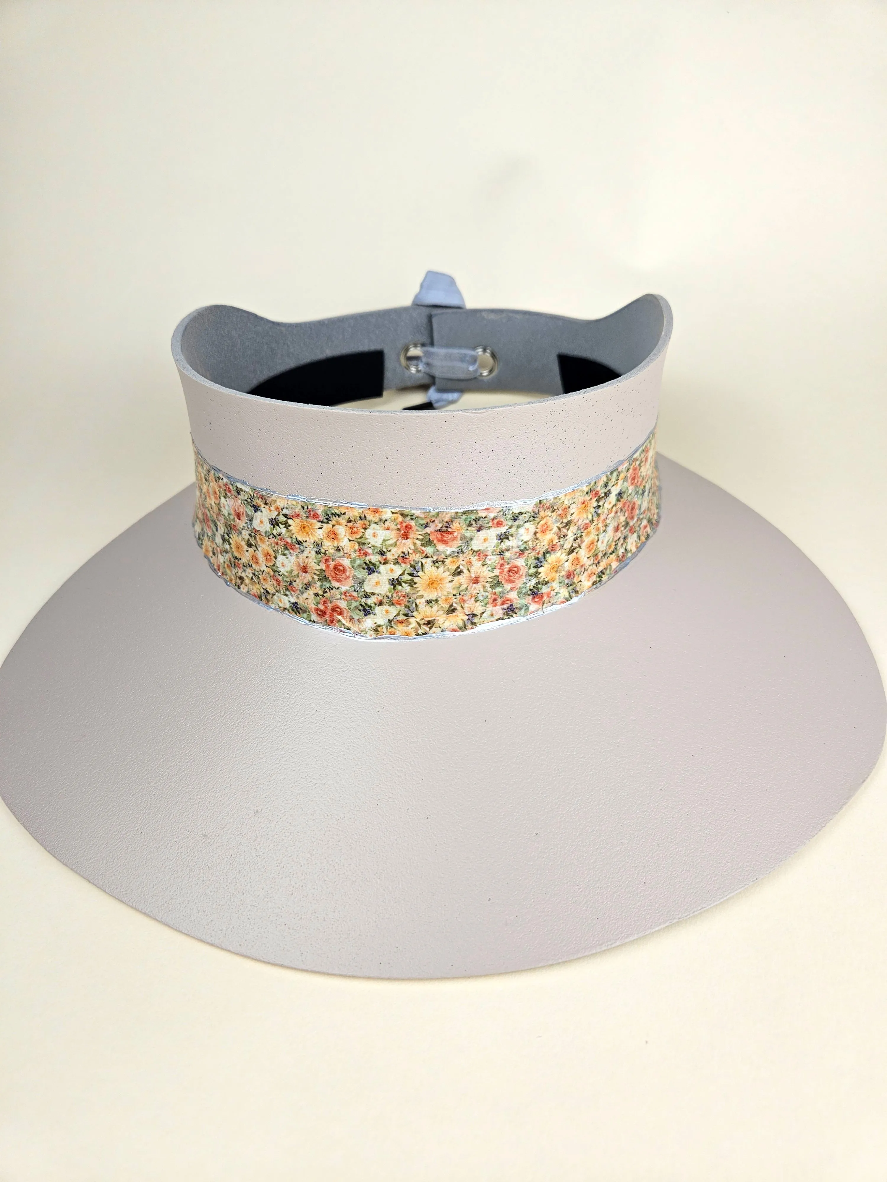 Tall Peach Gray "LadyEVA" Visor Hat with Peach and Orange Floral Band