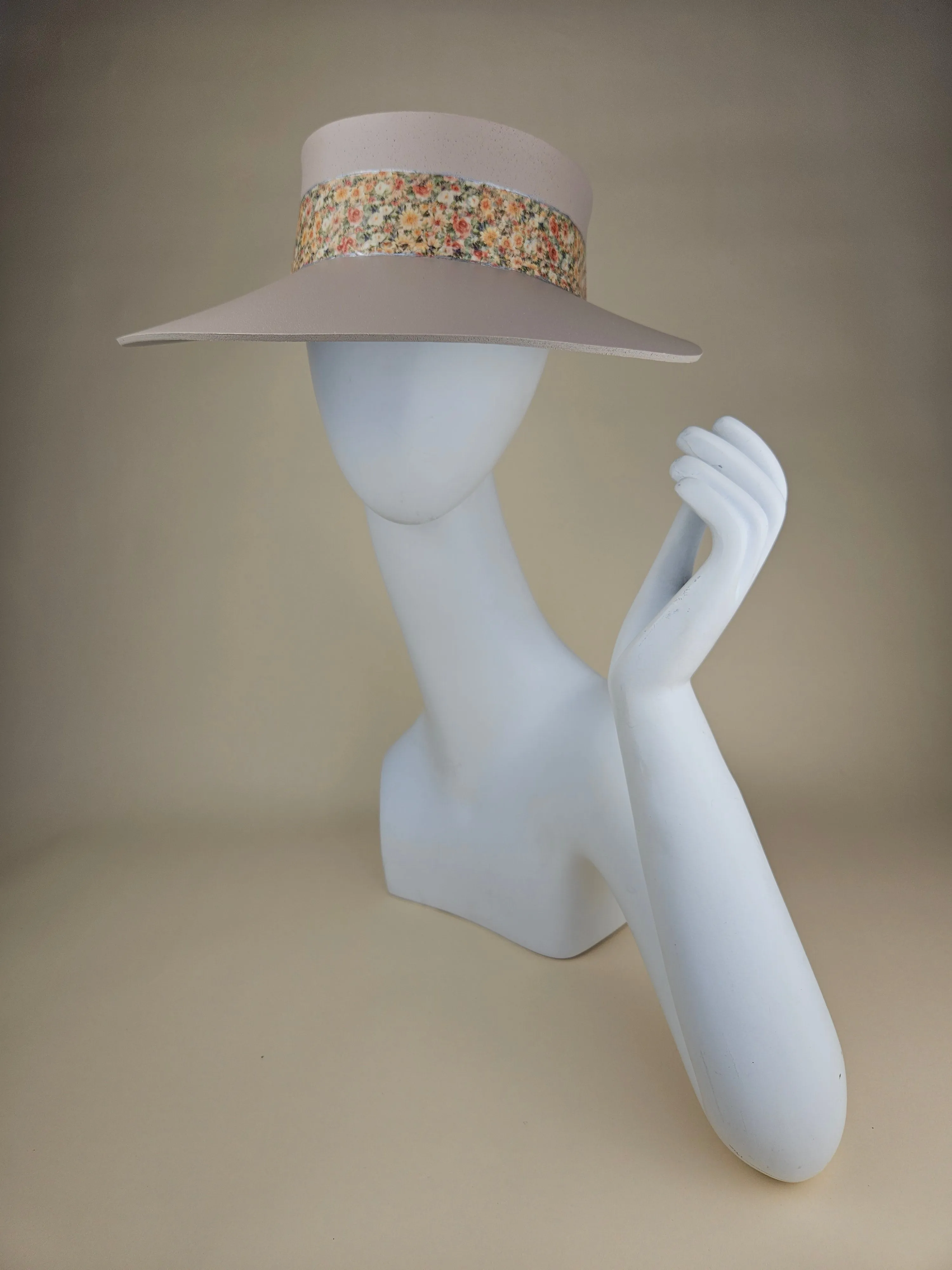 Tall Peach Gray "LadyEVA" Visor Hat with Peach and Orange Floral Band