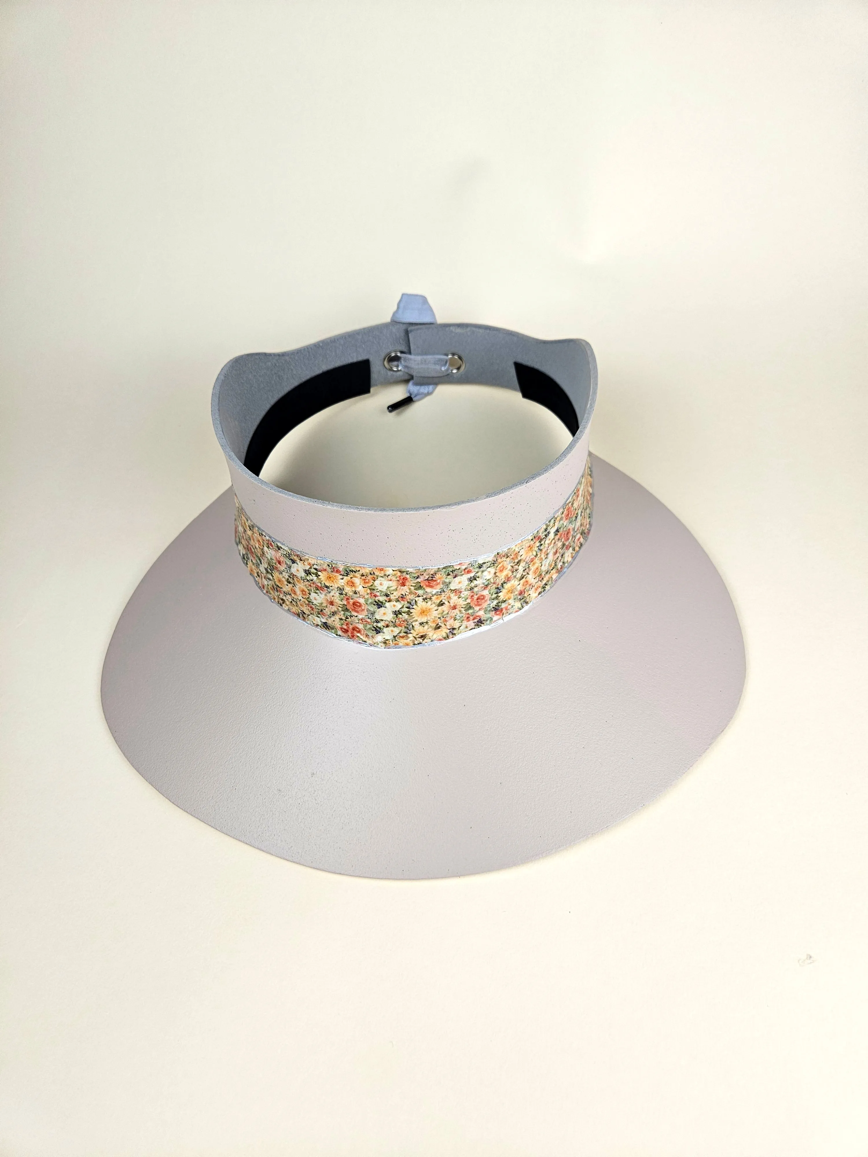 Tall Peach Gray "LadyEVA" Visor Hat with Peach and Orange Floral Band