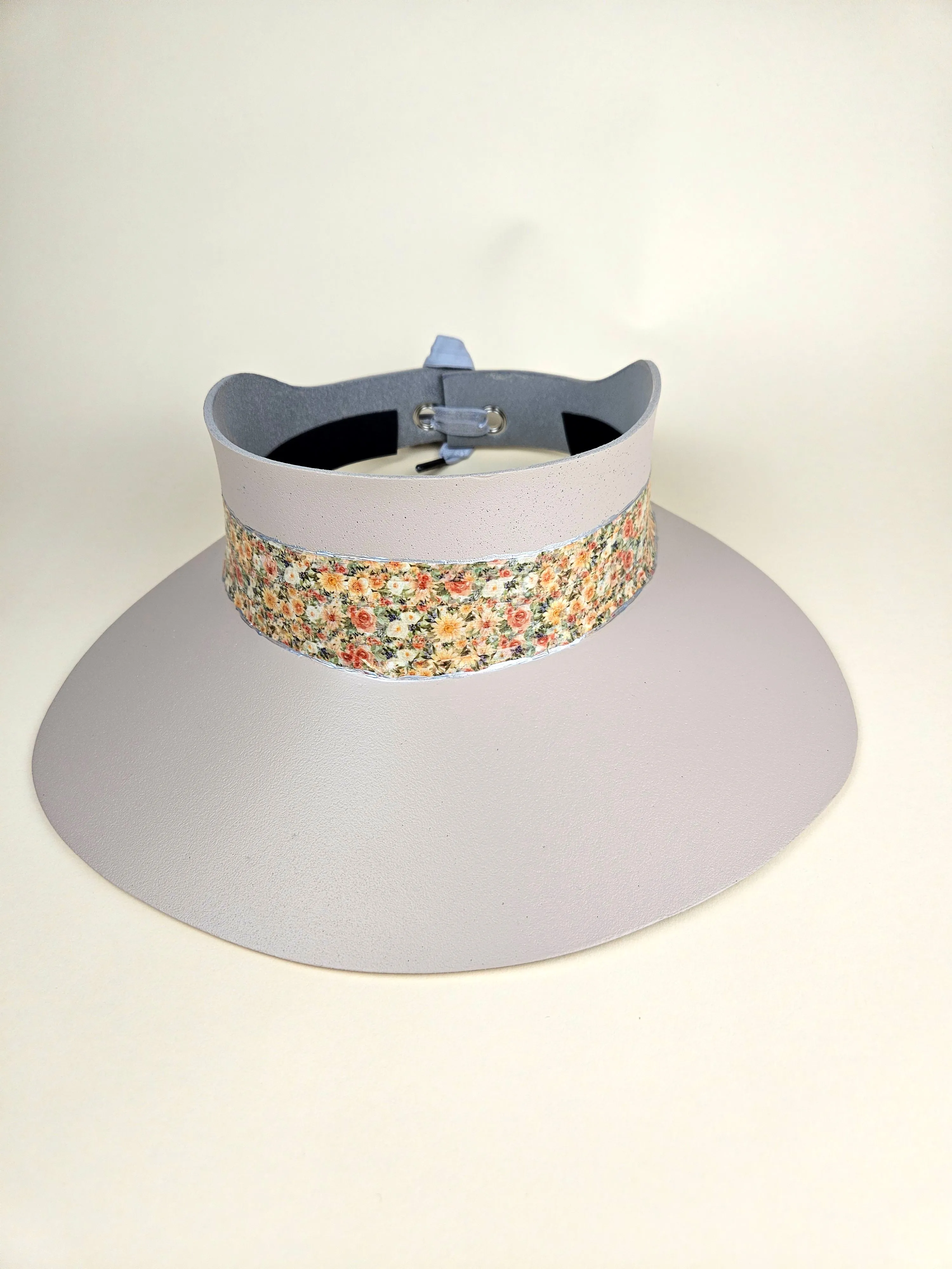 Tall Peach Gray "LadyEVA" Visor Hat with Peach and Orange Floral Band