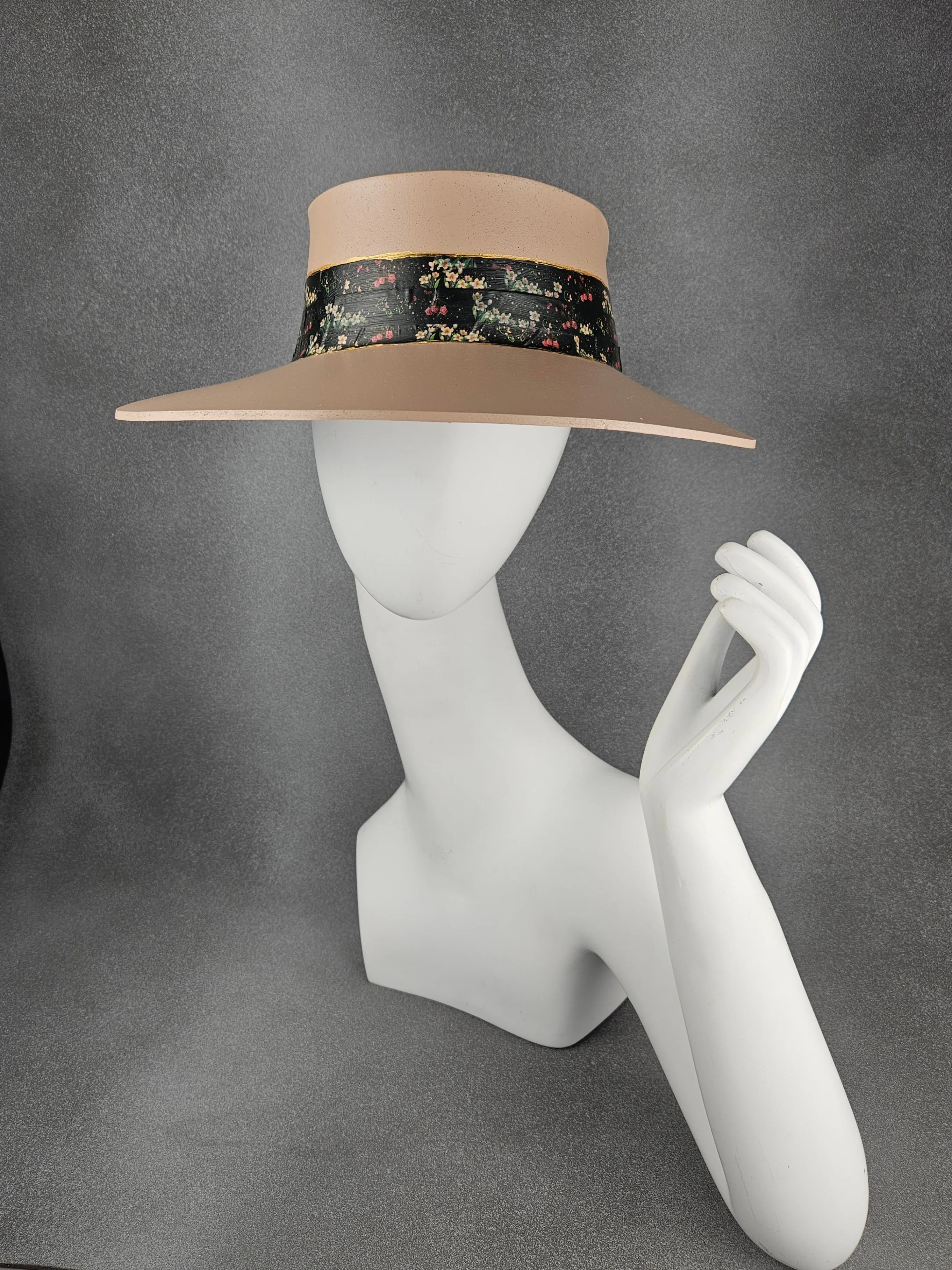 Tall Peachy Beige "LadyEVA" Visor Hat with Black Floral Band