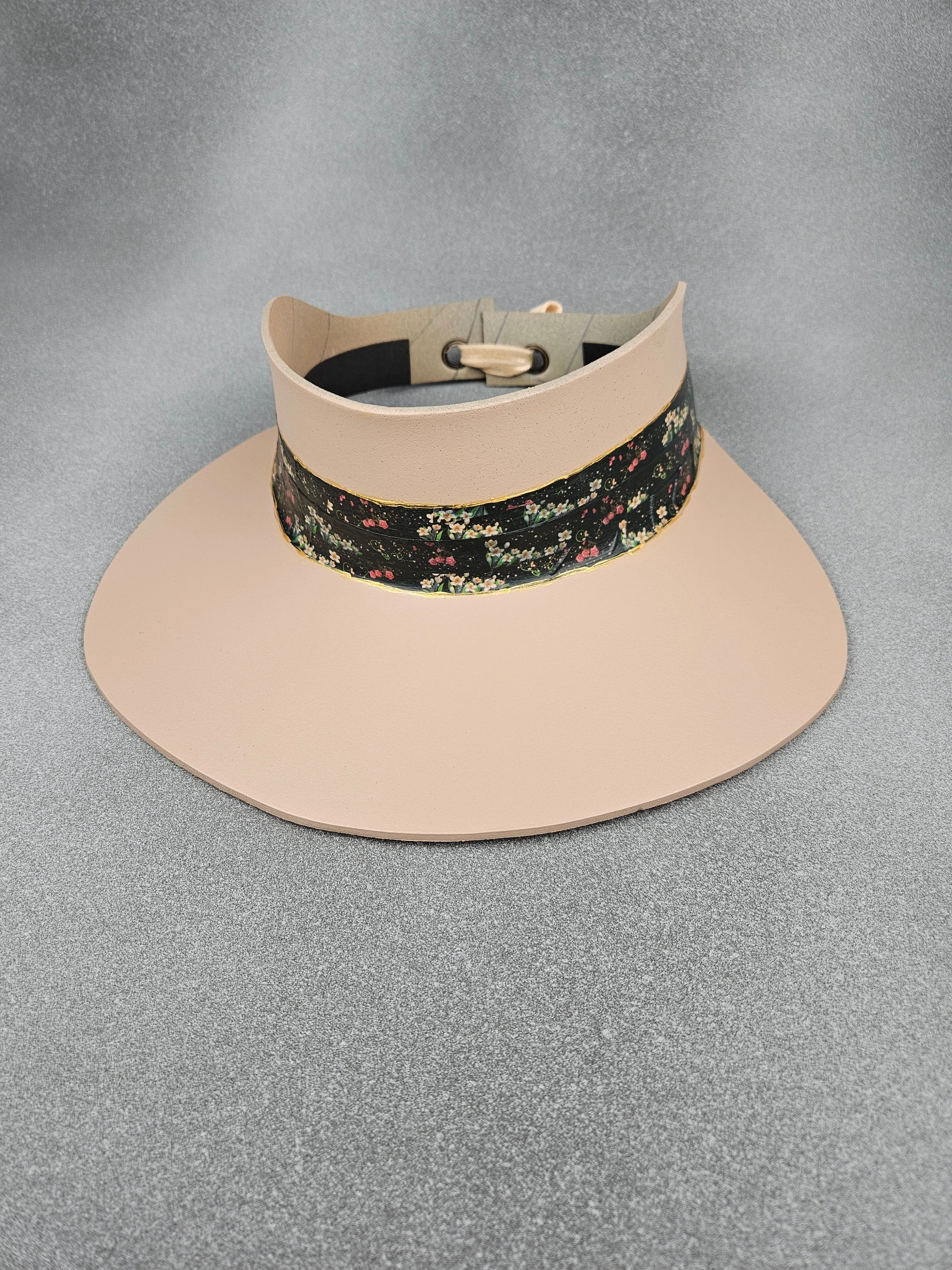 Tall Peachy Beige "LadyEVA" Visor Hat with Black Floral Band