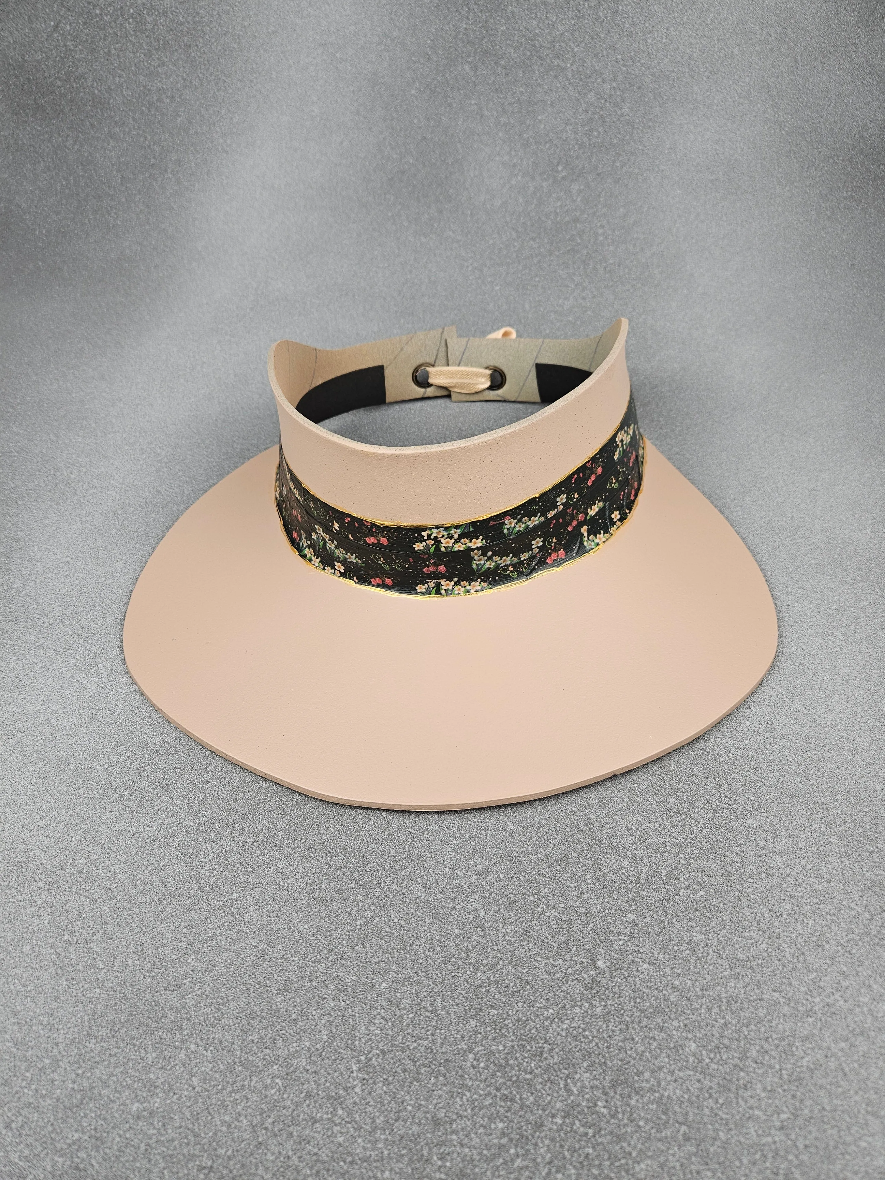 Tall Peachy Beige "LadyEVA" Visor Hat with Black Floral Band