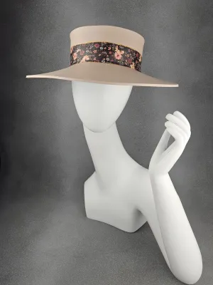 Tall Peachy Beige "LadyEVA" Visor Hat with Black Multicolor Floral Band