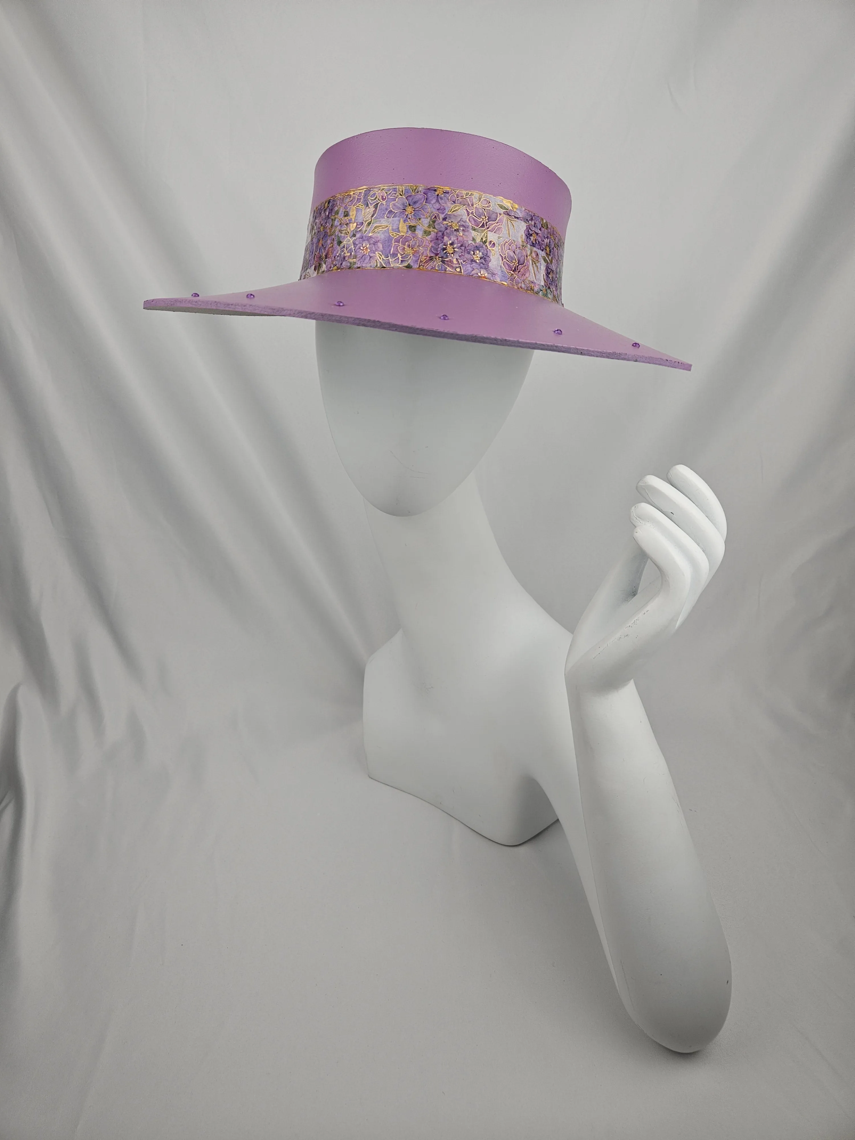 Tall Purple LadyEVA Visor Hat with Purple Floral Band and Rhinestone Border