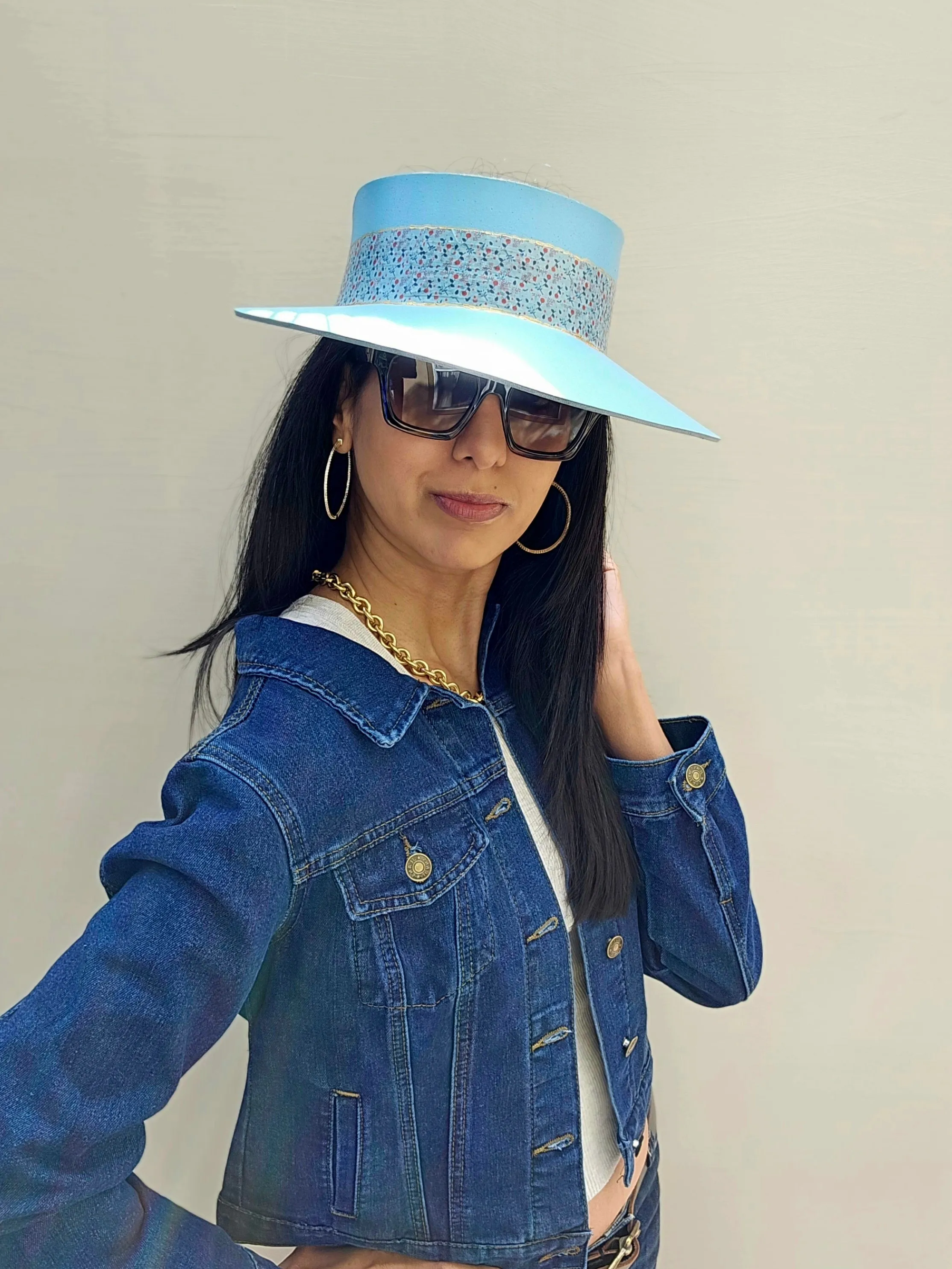 Tall Sky Blue "LadyEVA" Visor Hat with Delicate Floral Band