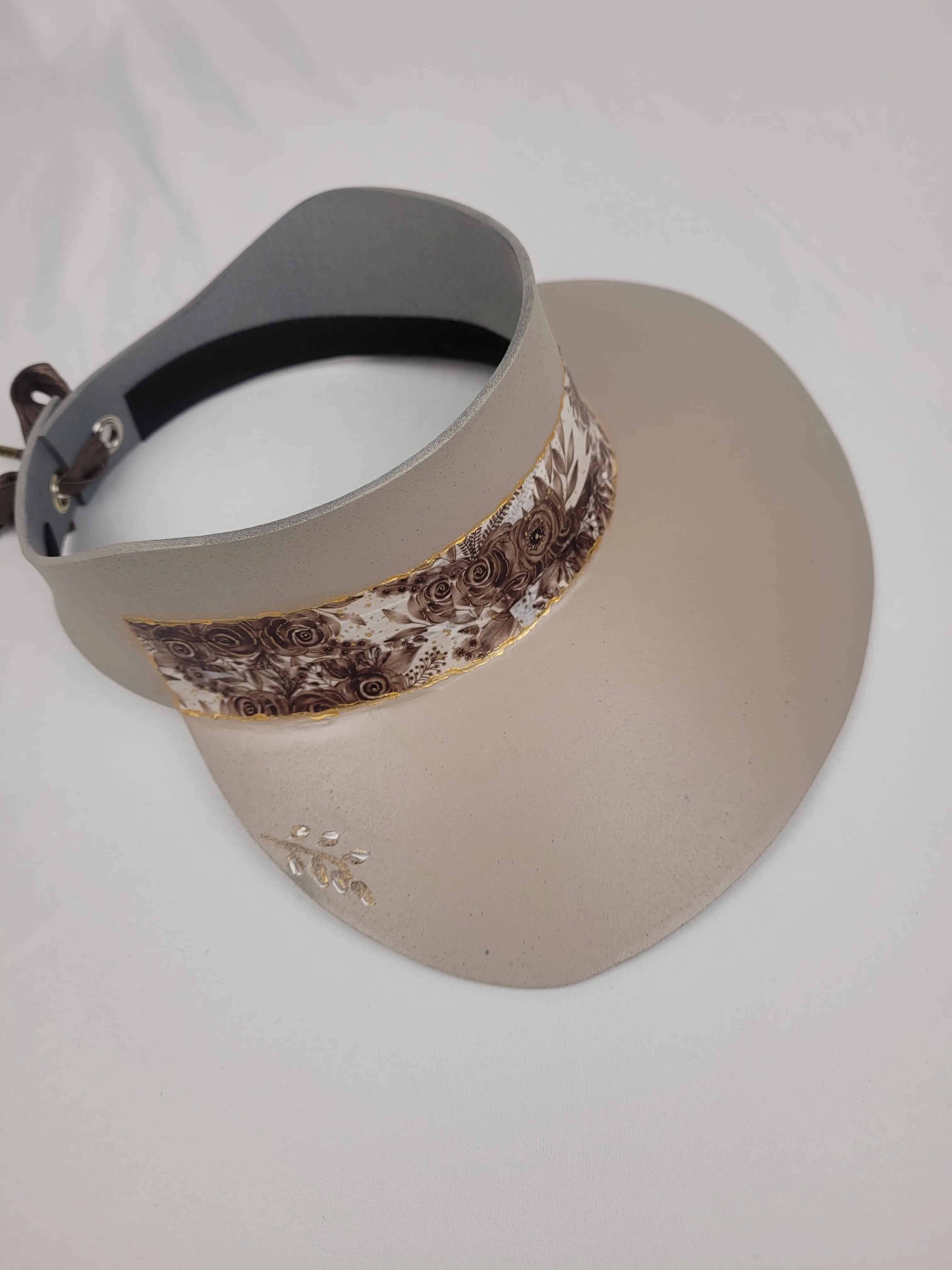 Tall Taupe "LadyEVA" Visor Hat with Neutrals Floral Band and  Handpainted Floral Motifs