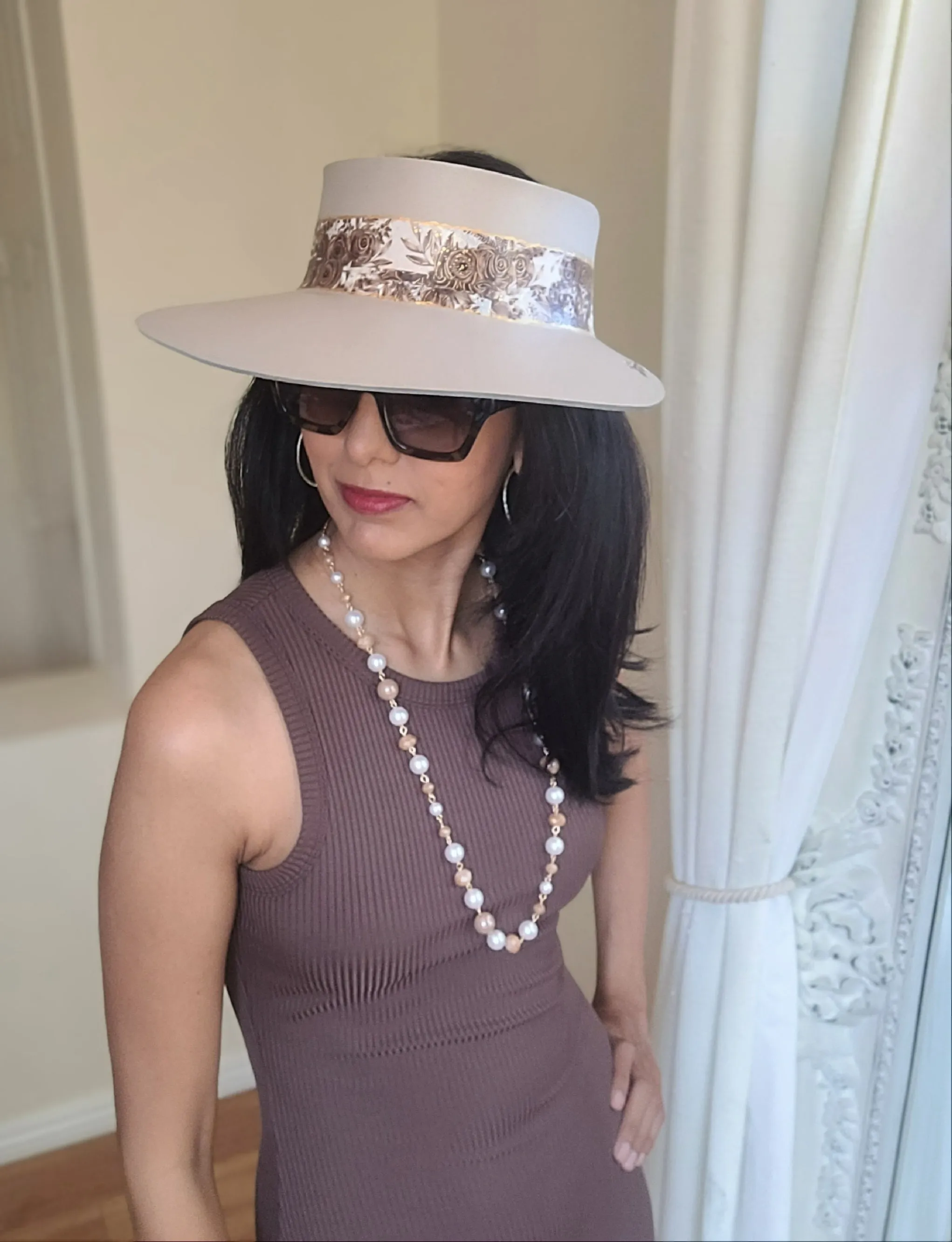 Tall Taupe "LadyEVA" Visor Hat with Neutrals Floral Band and  Handpainted Floral Motifs