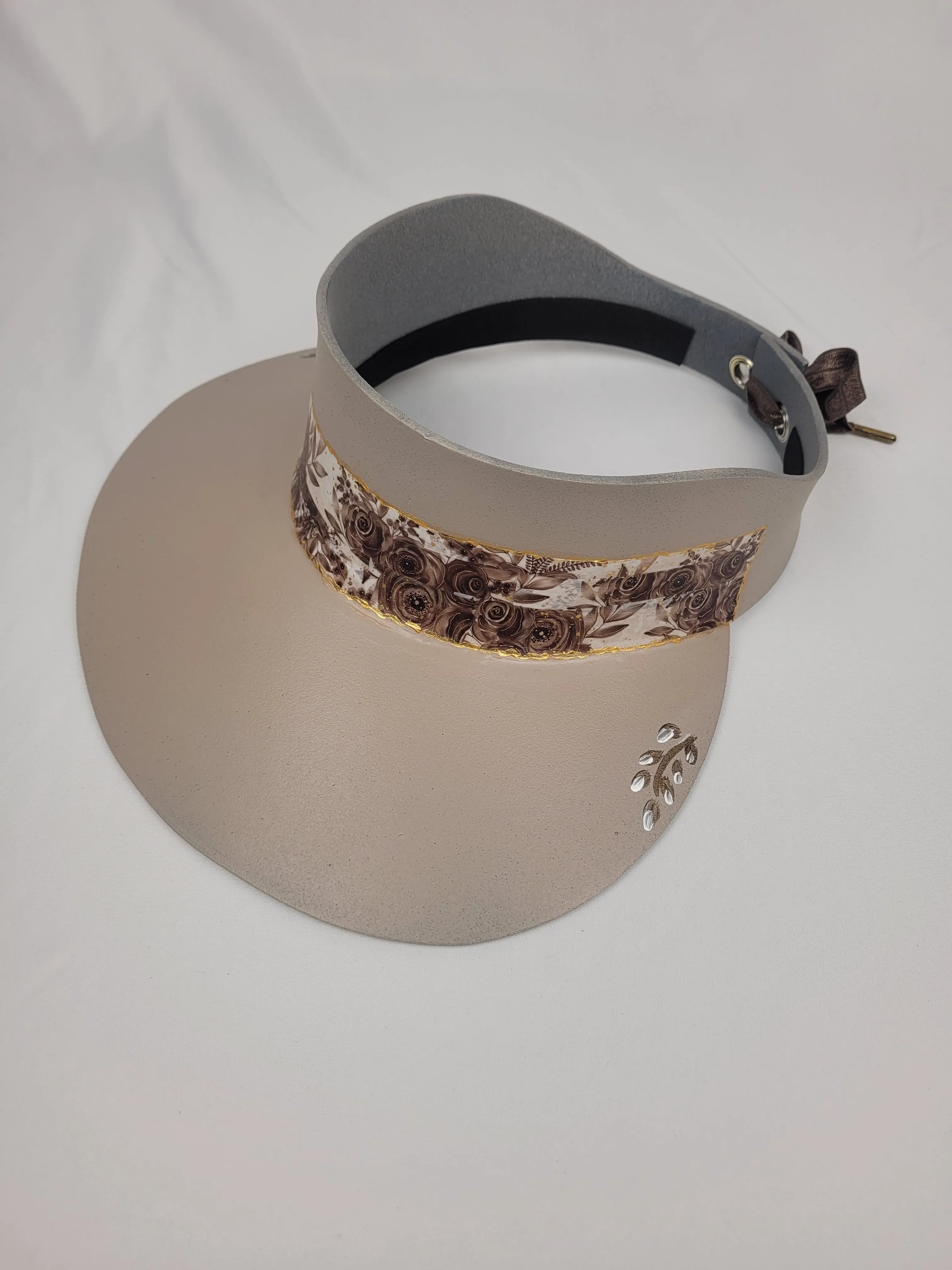 Tall Taupe "LadyEVA" Visor Hat with Neutrals Floral Band and  Handpainted Floral Motifs