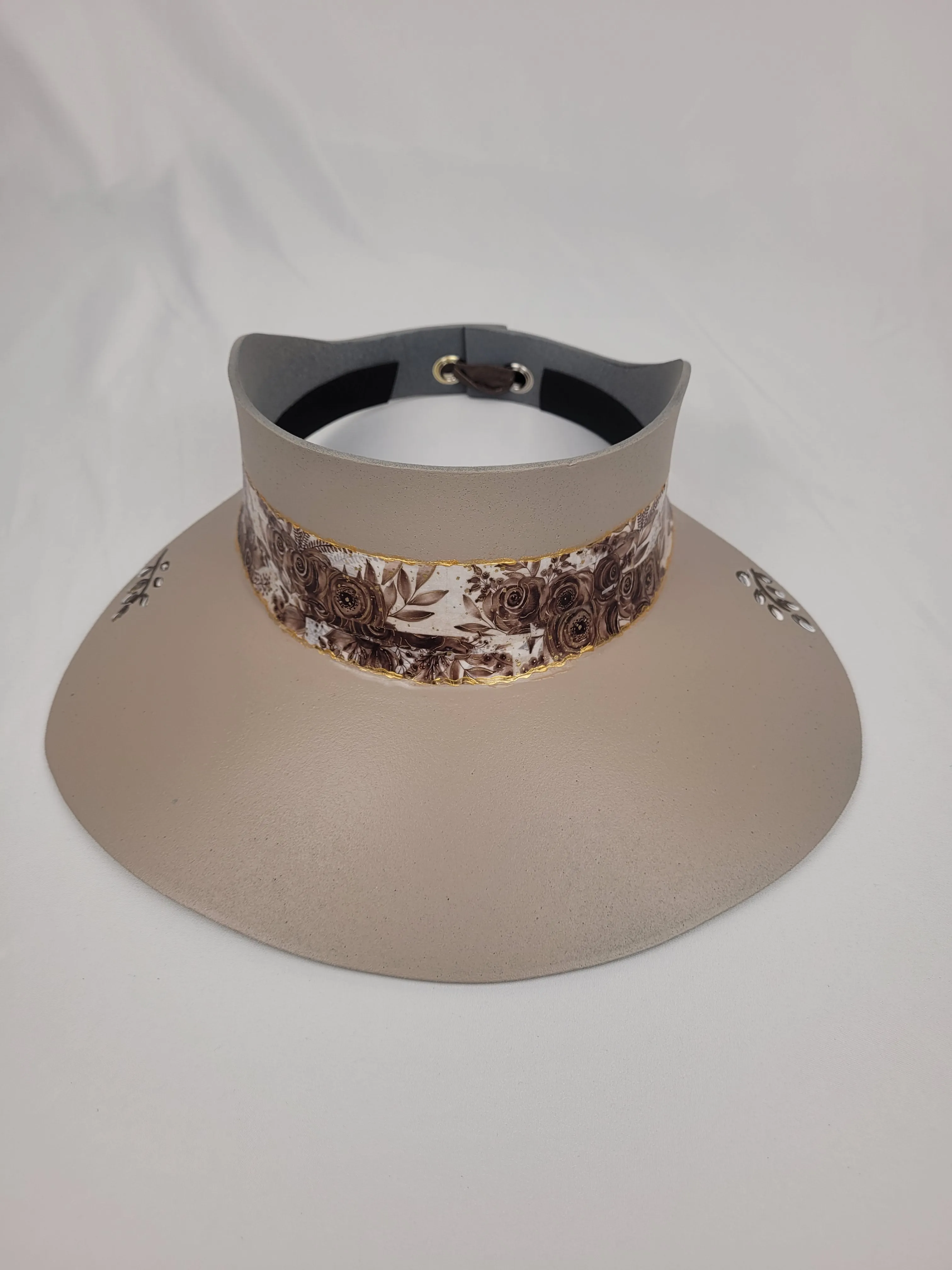 Tall Taupe "LadyEVA" Visor Hat with Neutrals Floral Band and  Handpainted Floral Motifs