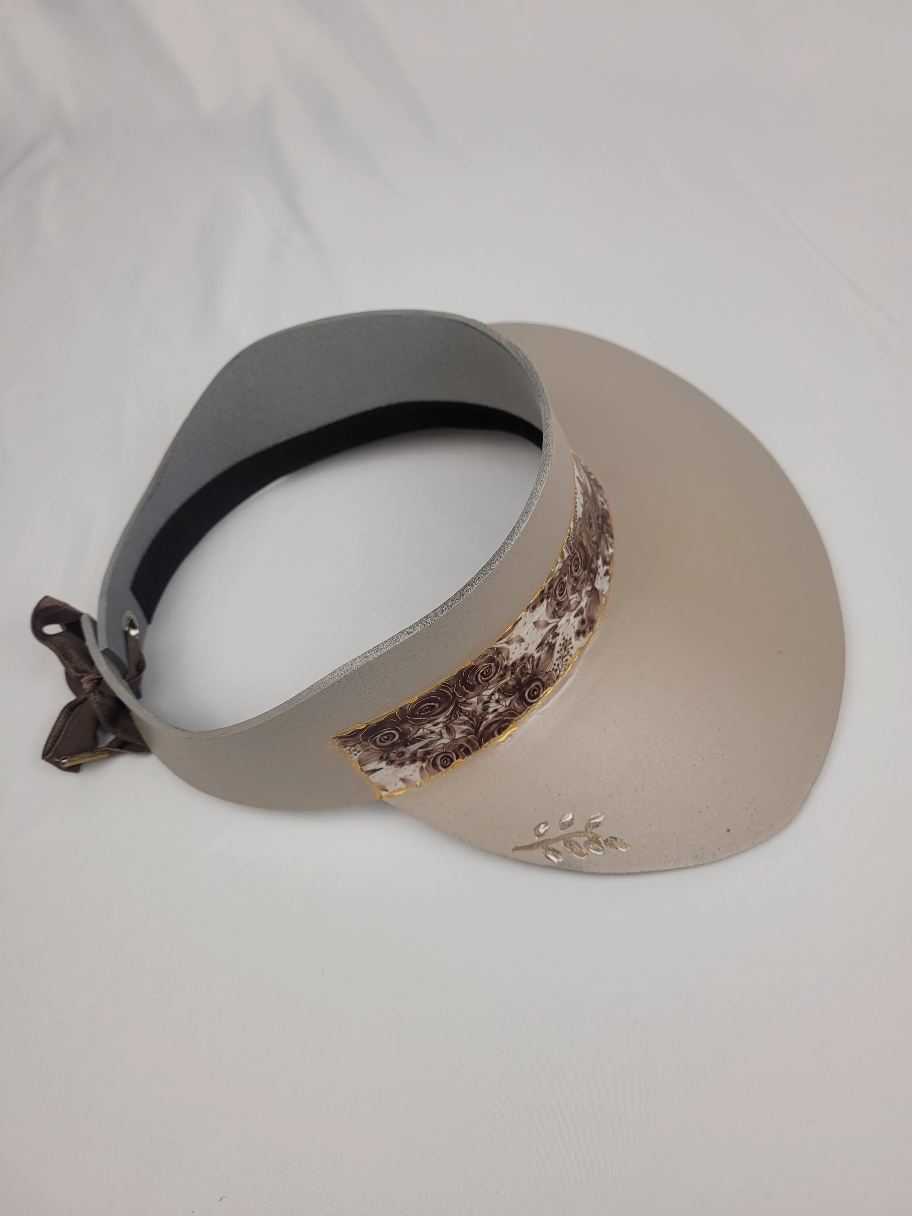 Tall Taupe "LadyEVA" Visor Hat with Neutrals Floral Band and  Handpainted Floral Motifs