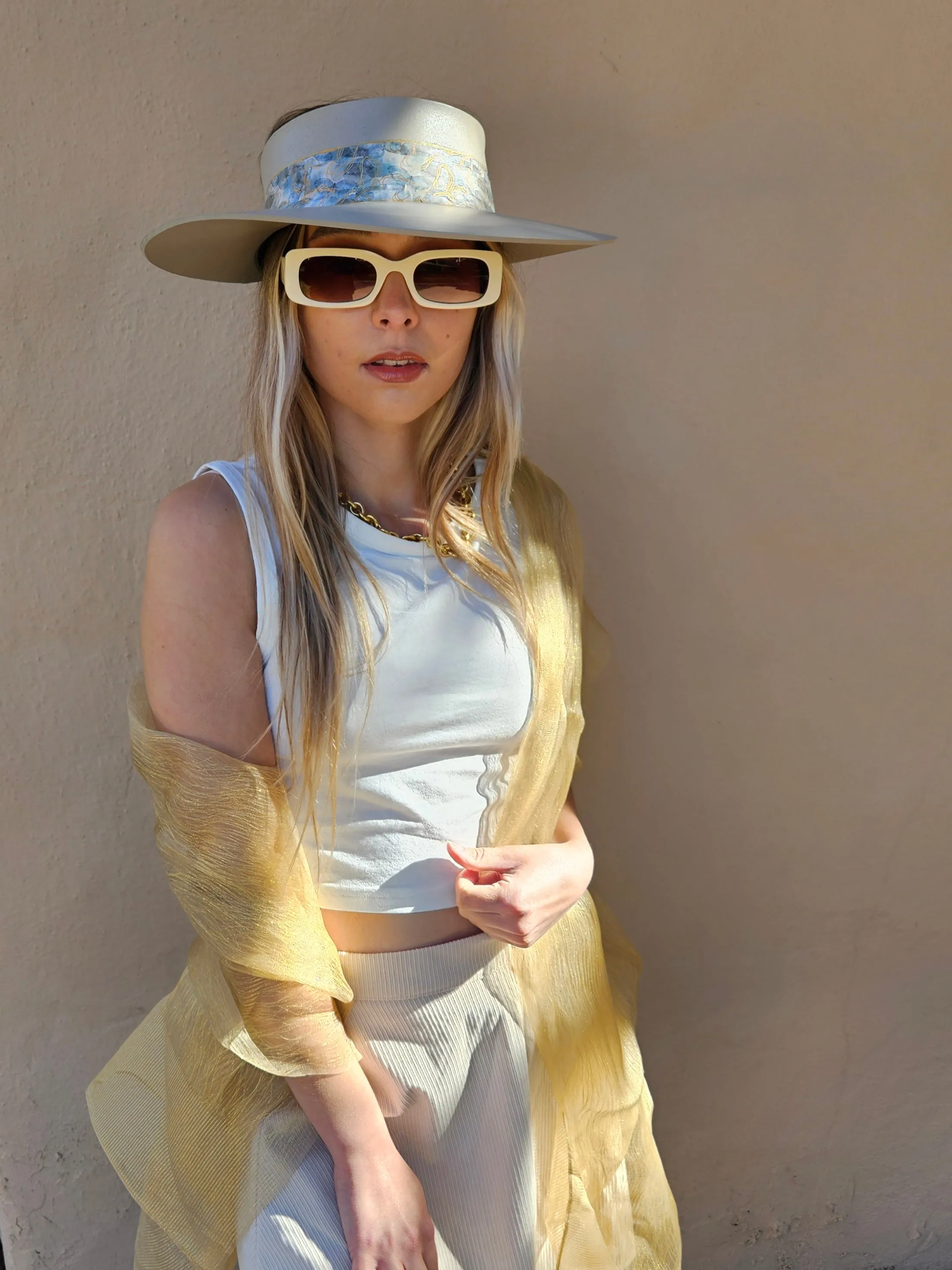 Tall Taupe "LadyEVA" Visor Hat with Soft Blue Floral Band