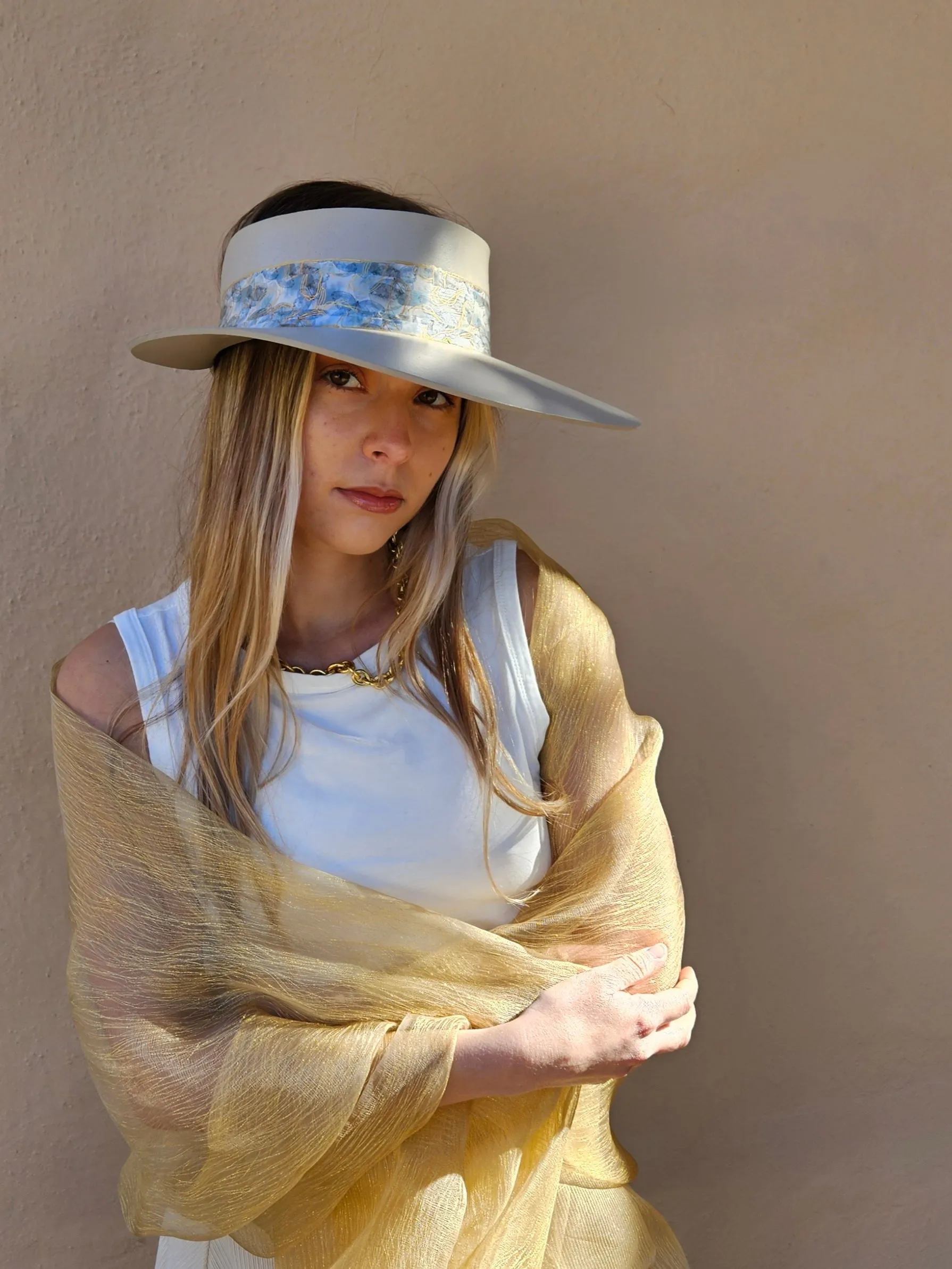 Tall Taupe "LadyEVA" Visor Hat with Soft Blue Floral Band