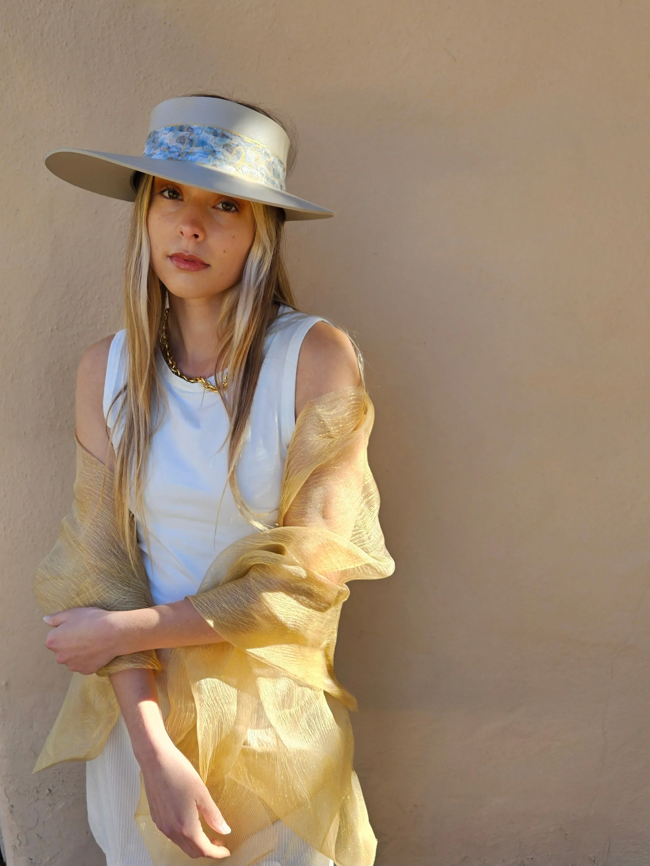 Tall Taupe "LadyEVA" Visor Hat with Soft Blue Floral Band