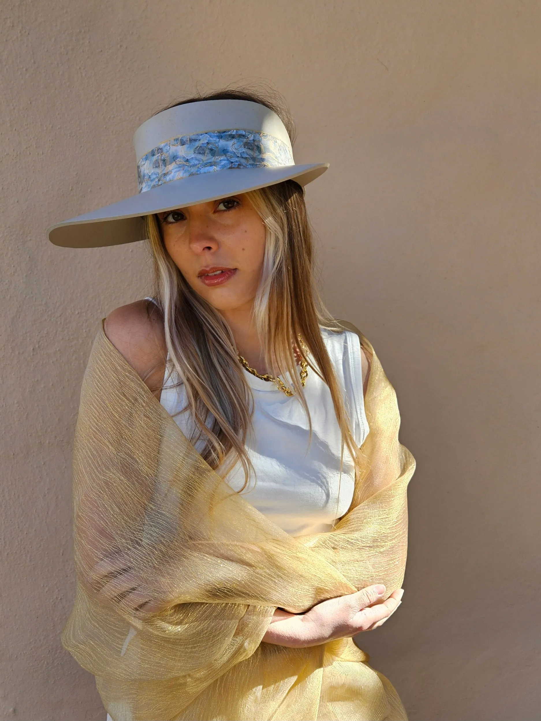 Tall Taupe "LadyEVA" Visor Hat with Soft Blue Floral Band