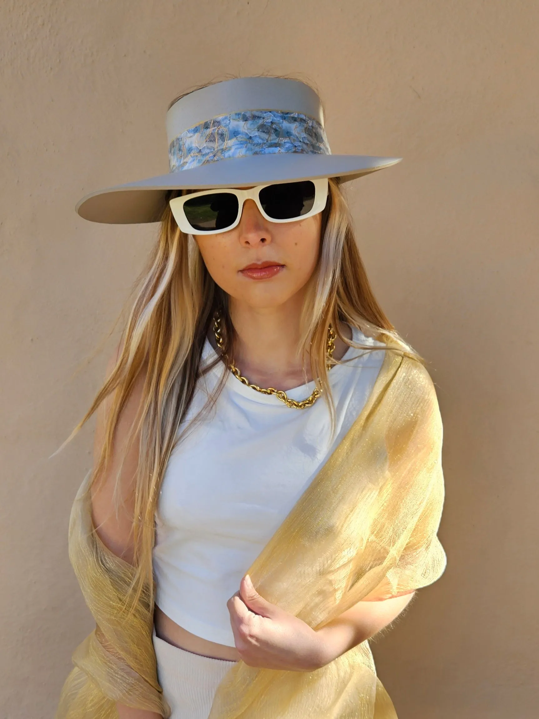 Tall Taupe "LadyEVA" Visor Hat with Soft Blue Floral Band