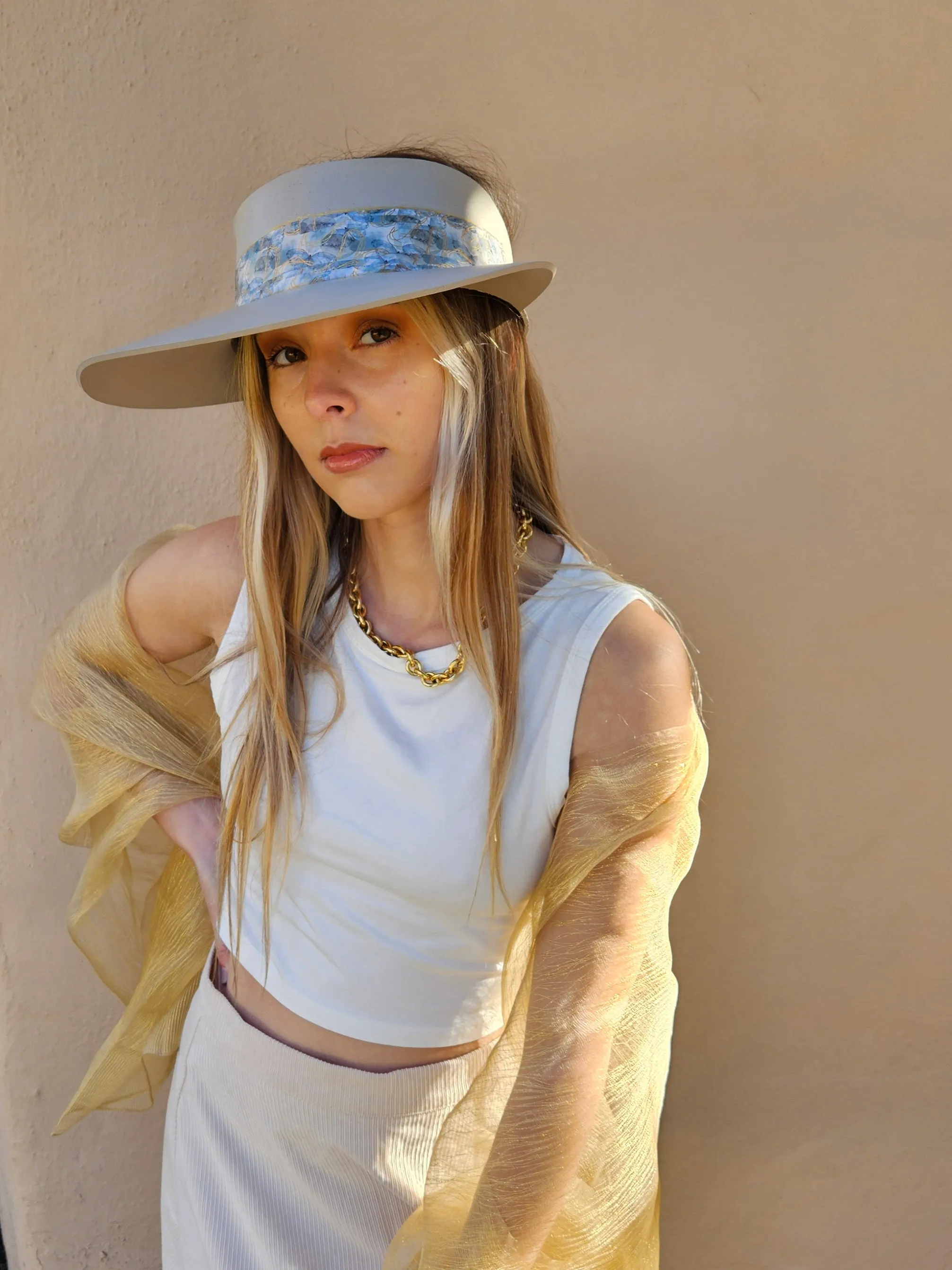 Tall Taupe "LadyEVA" Visor Hat with Soft Blue Floral Band