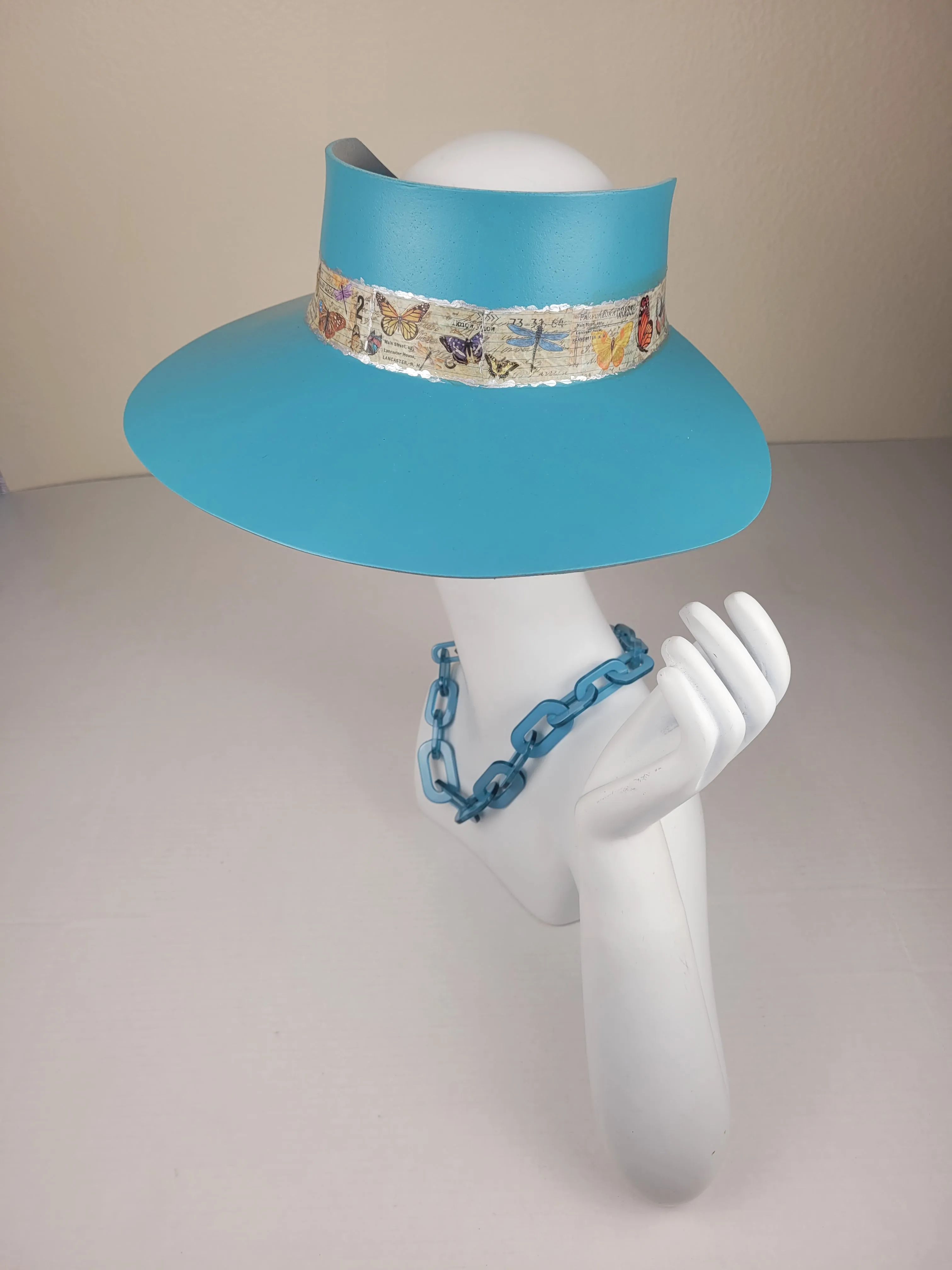 Tall Teal Blue "LadyEVA" Visor Hat with Butterfly Band