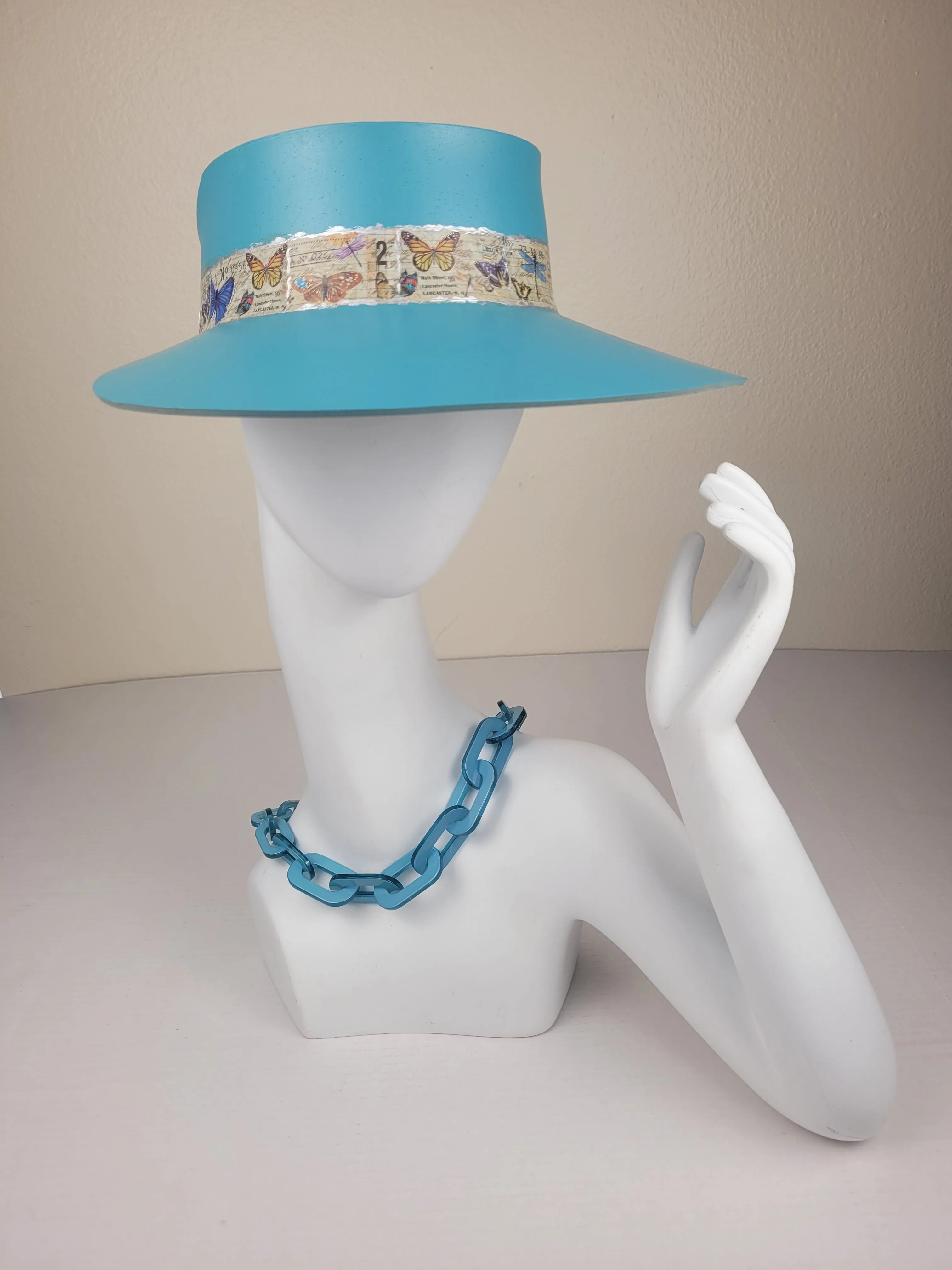 Tall Teal Blue "LadyEVA" Visor Hat with Butterfly Band