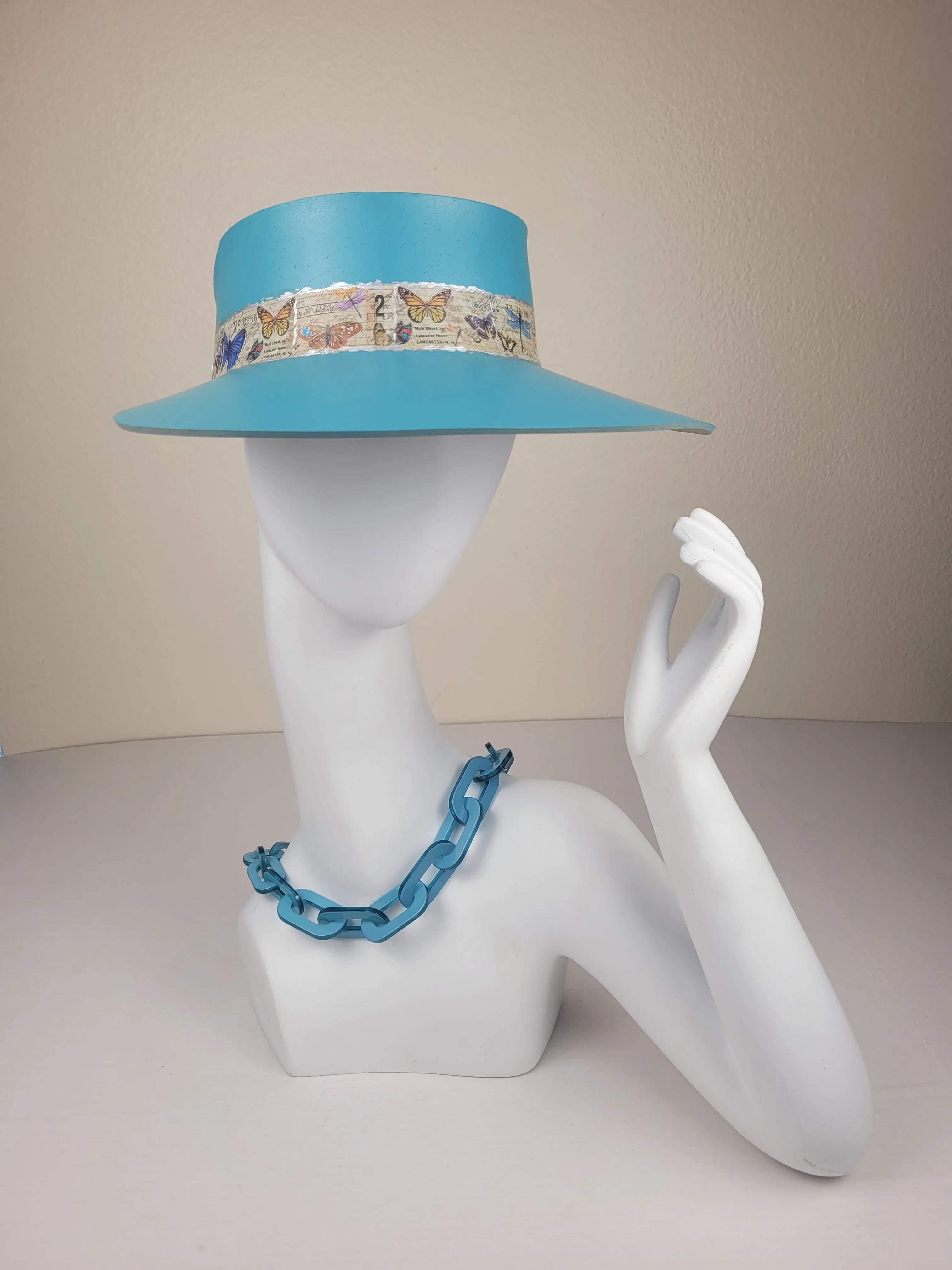 Tall Teal Blue "LadyEVA" Visor Hat with Butterfly Band