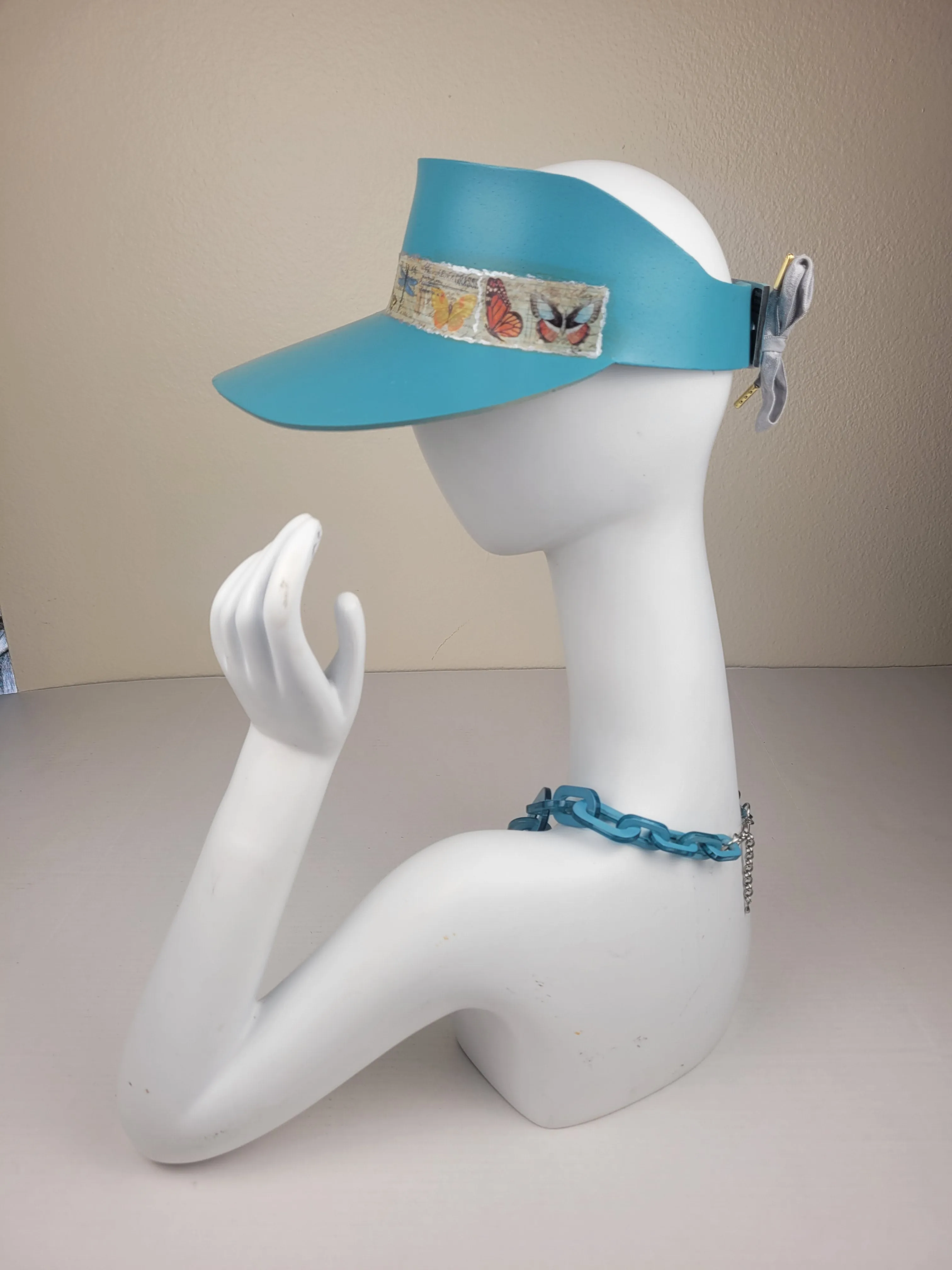 Tall Teal Blue "LadyEVA" Visor Hat with Butterfly Band