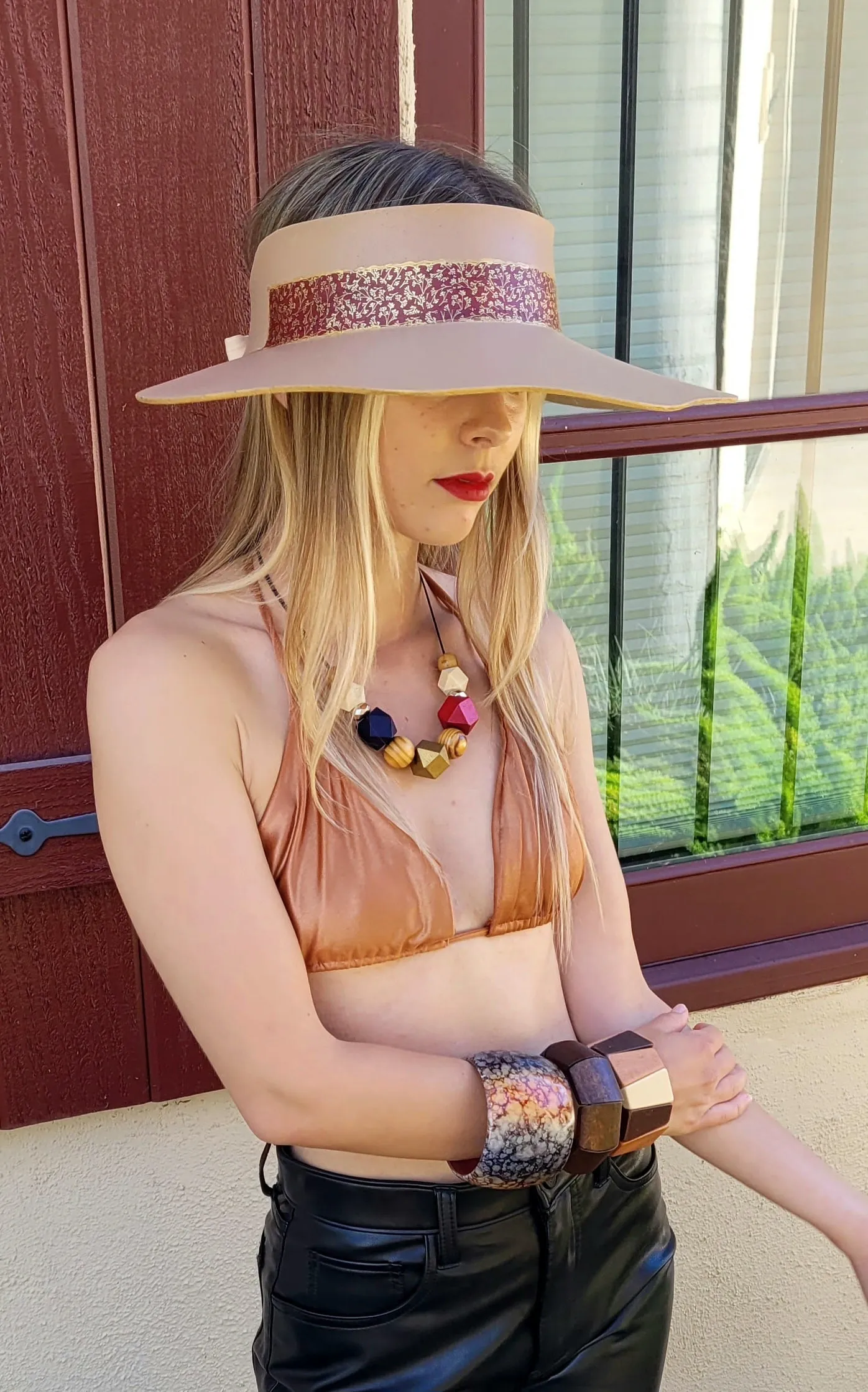 Tan Lotus Visor Hat with Crimson Red and Gold Band