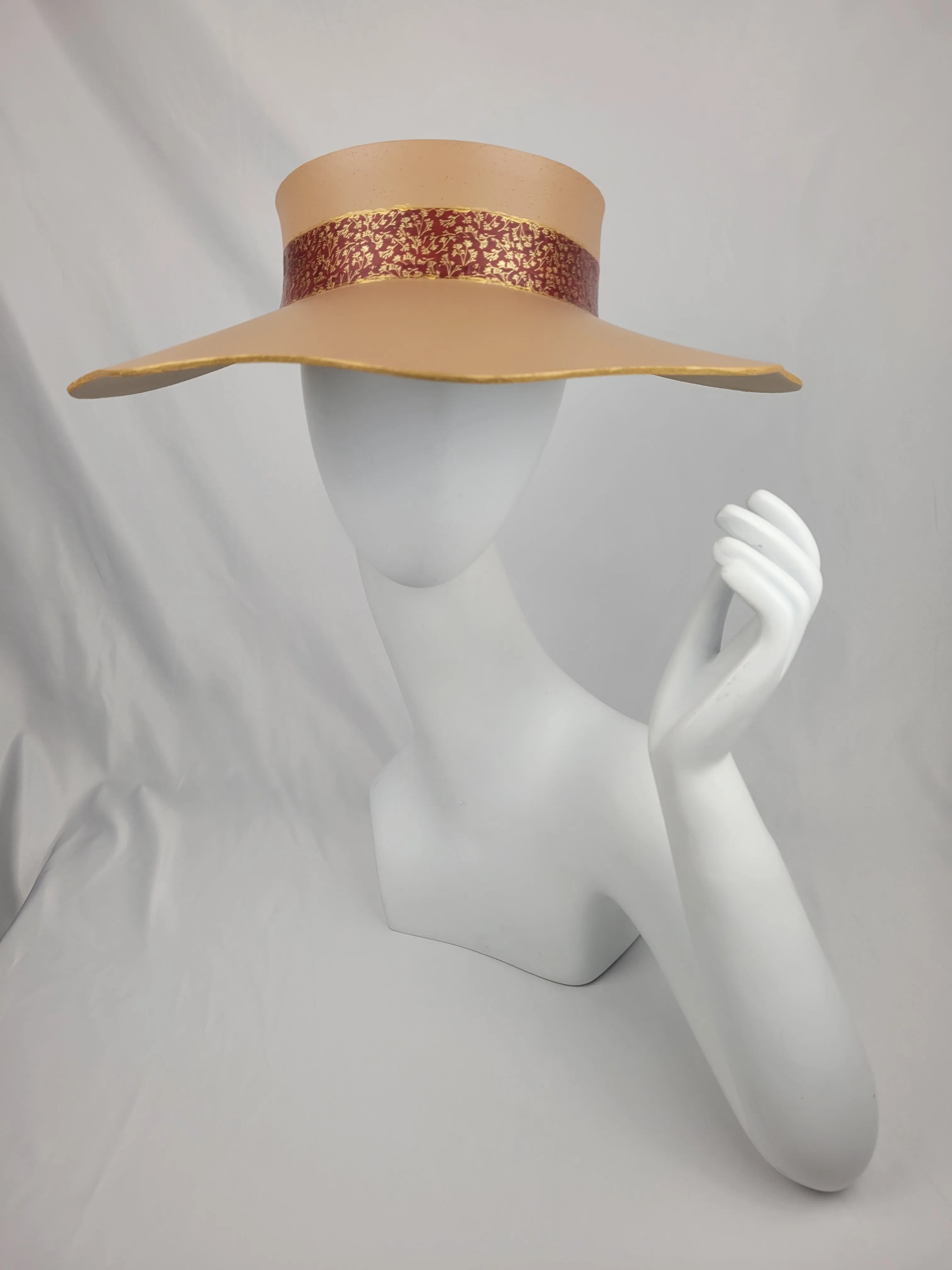 Tan Lotus Visor Hat with Crimson Red and Gold Band