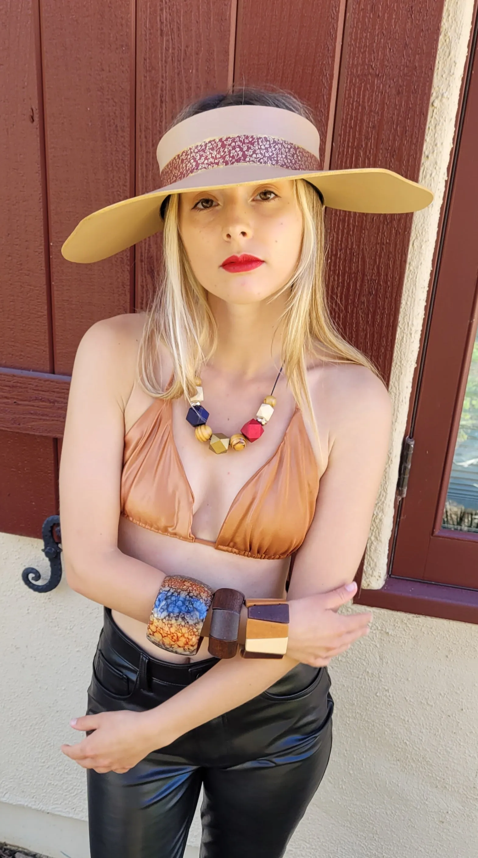 Tan Lotus Visor Hat with Crimson Red and Gold Band