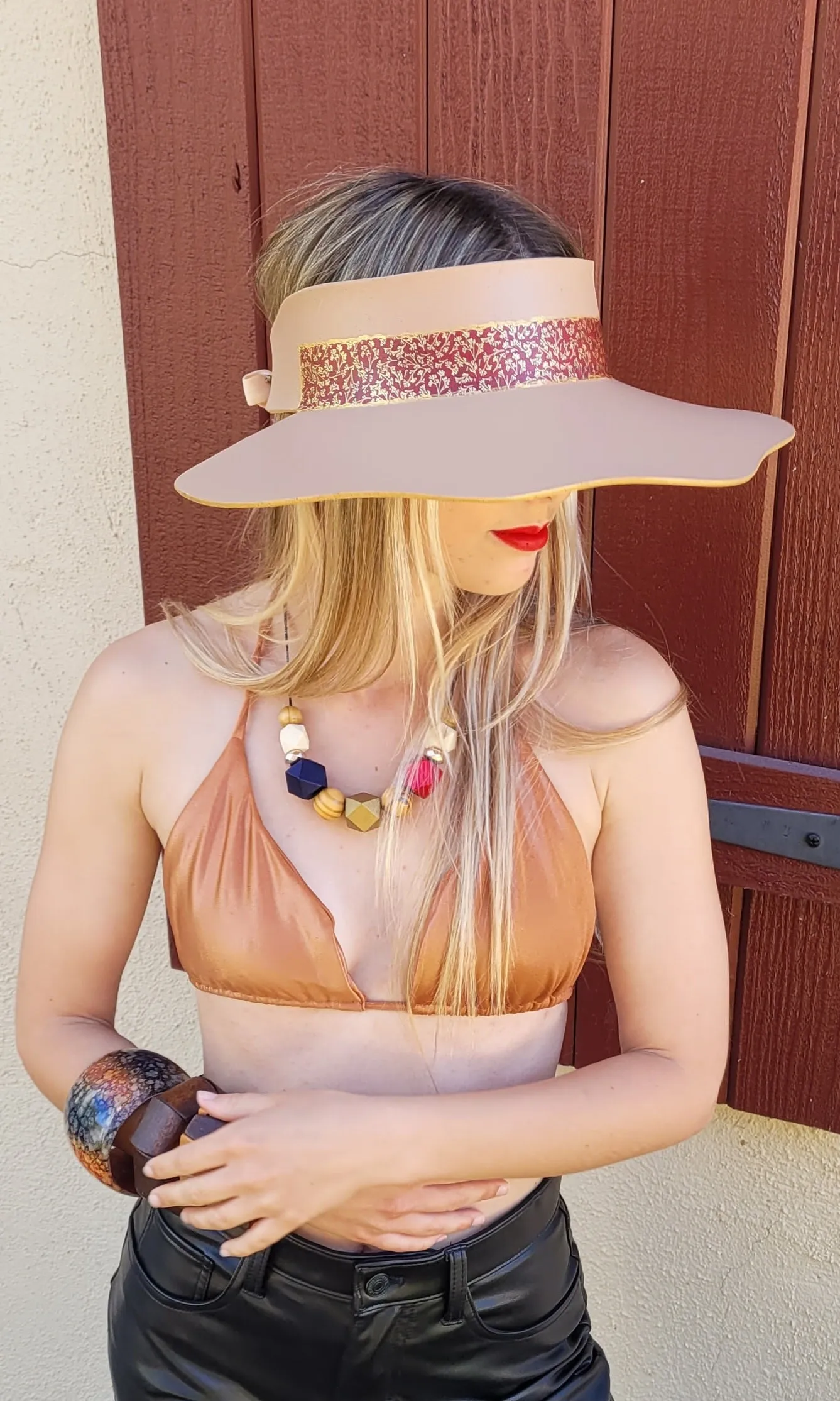 Tan Lotus Visor Hat with Crimson Red and Gold Band