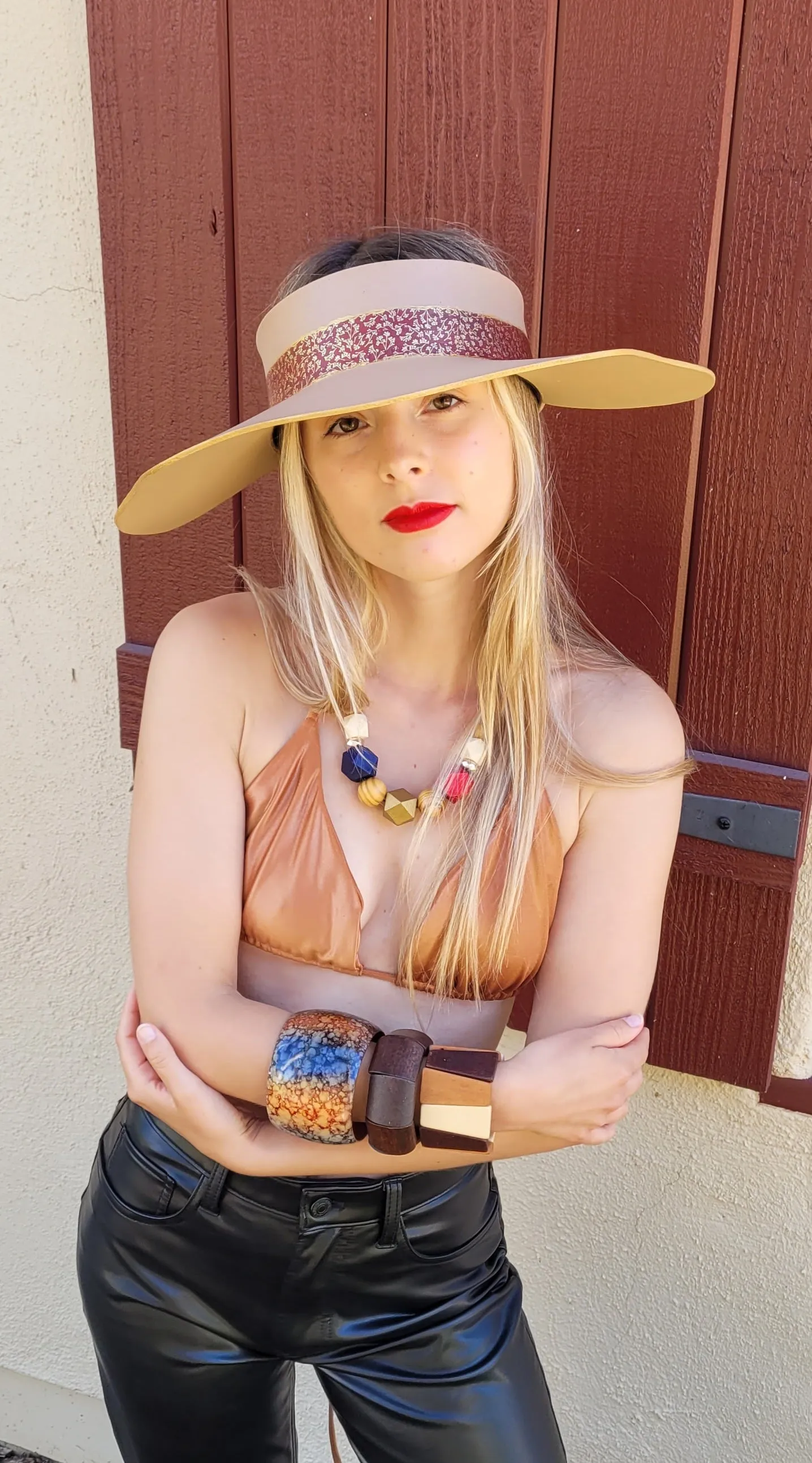 Tan Lotus Visor Hat with Crimson Red and Gold Band