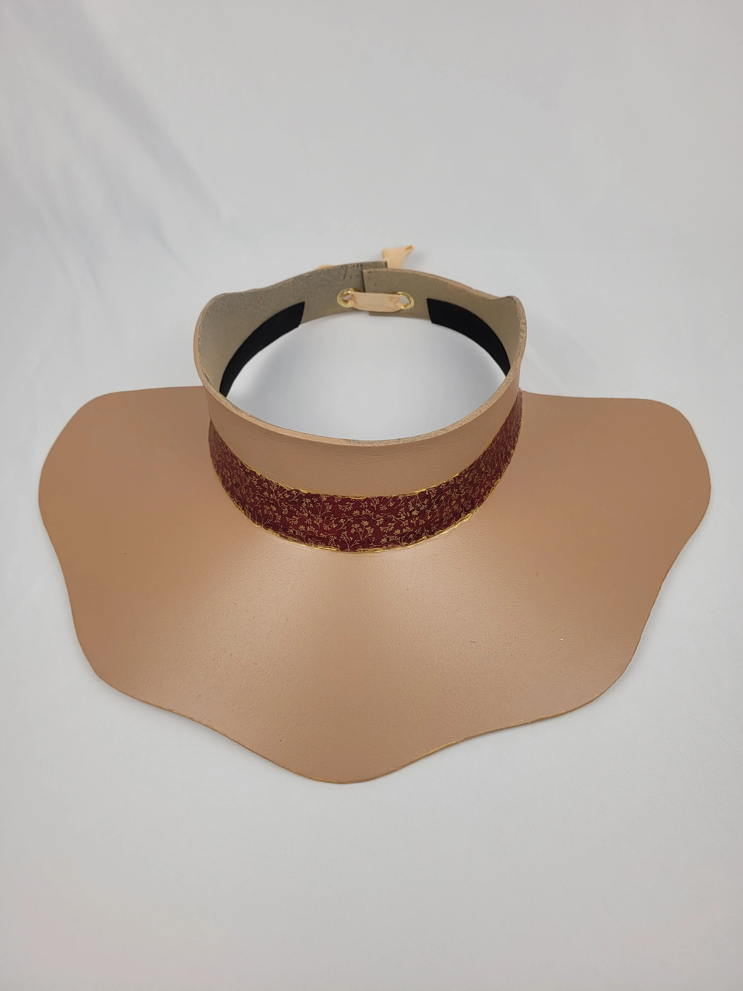 Tan Lotus Visor Hat with Crimson Red and Gold Band