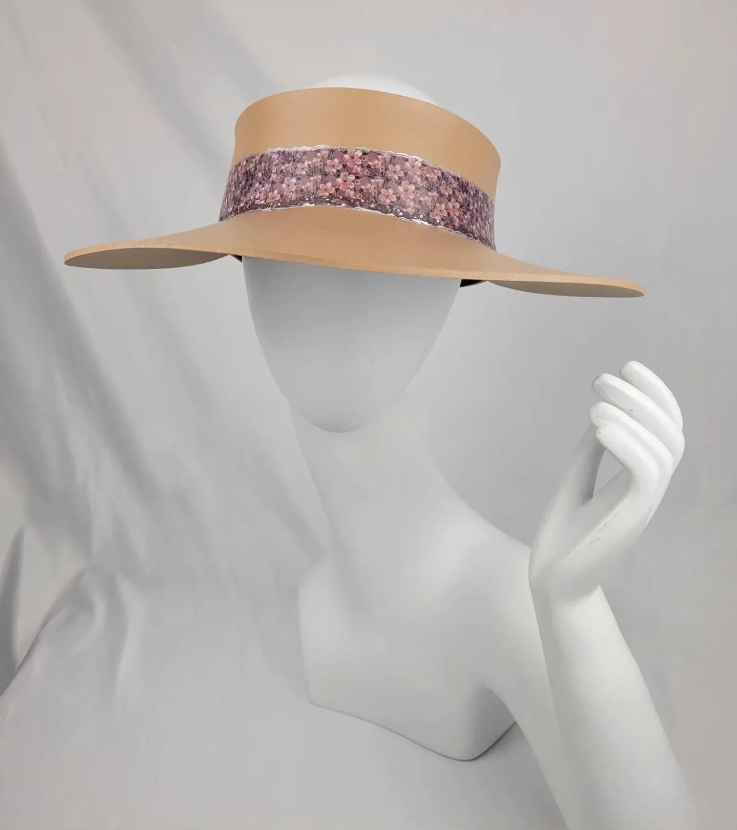 Tan "LadyEVA" Visor Hat with  Elegant Purple Floral Band