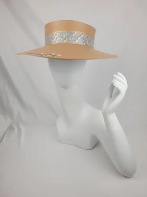 Tan "LadyEVA" Visor Hat with Floral Band and Handpainted Blue Floral Motif