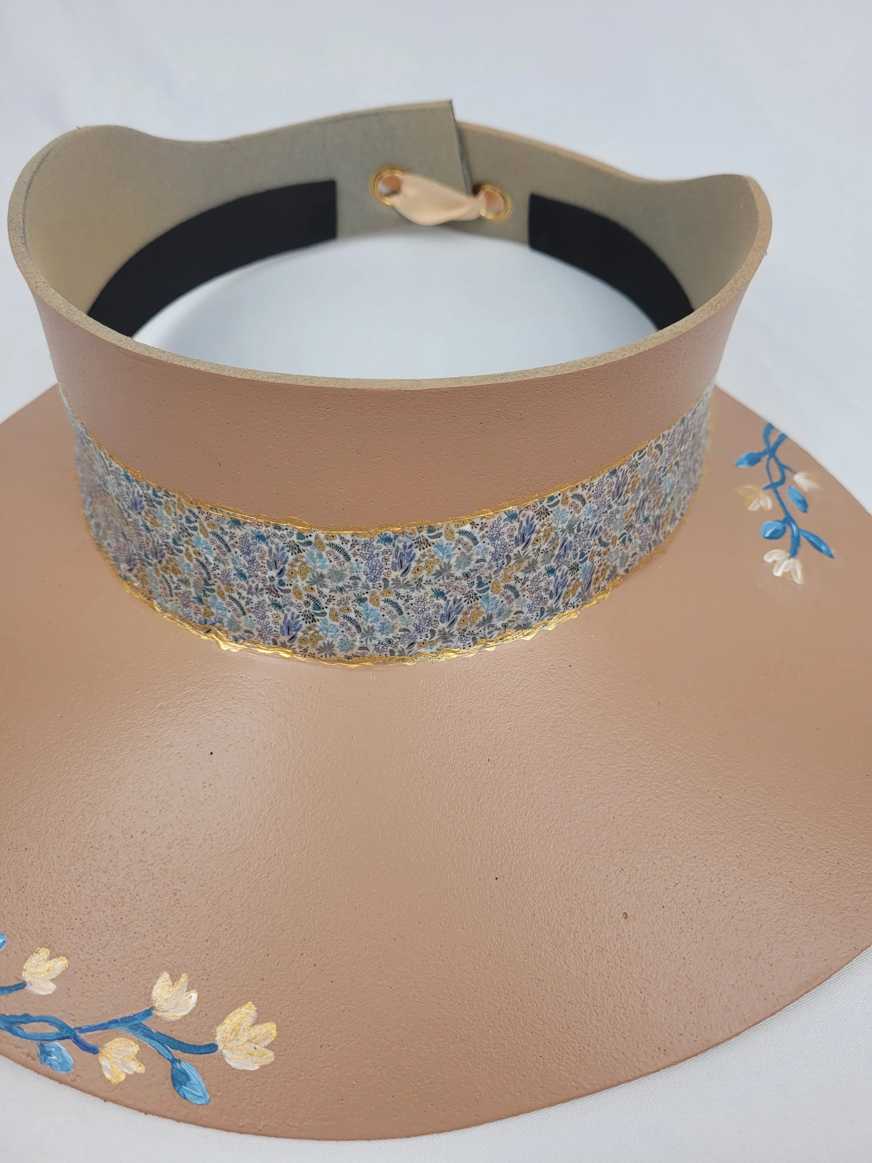 Tan "LadyEVA" Visor Hat with Floral Band and Handpainted Blue Floral Motif