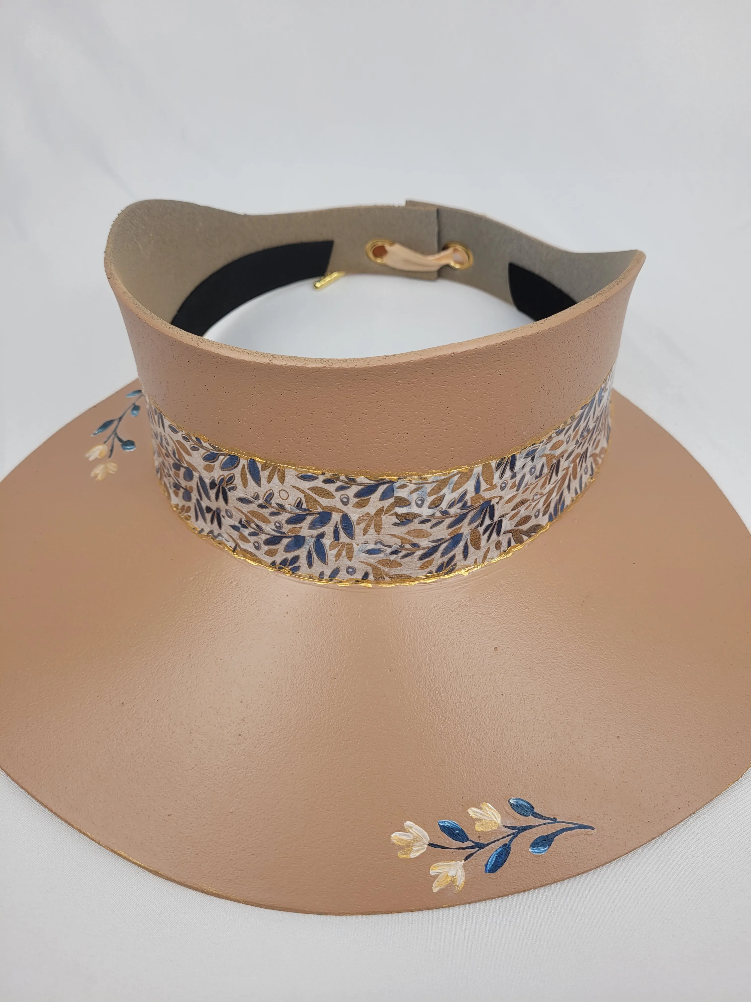 Tan "LadyEVA" Visor Hat with Golden Autumn Floral Band and Handpainted Blue Floral Motif