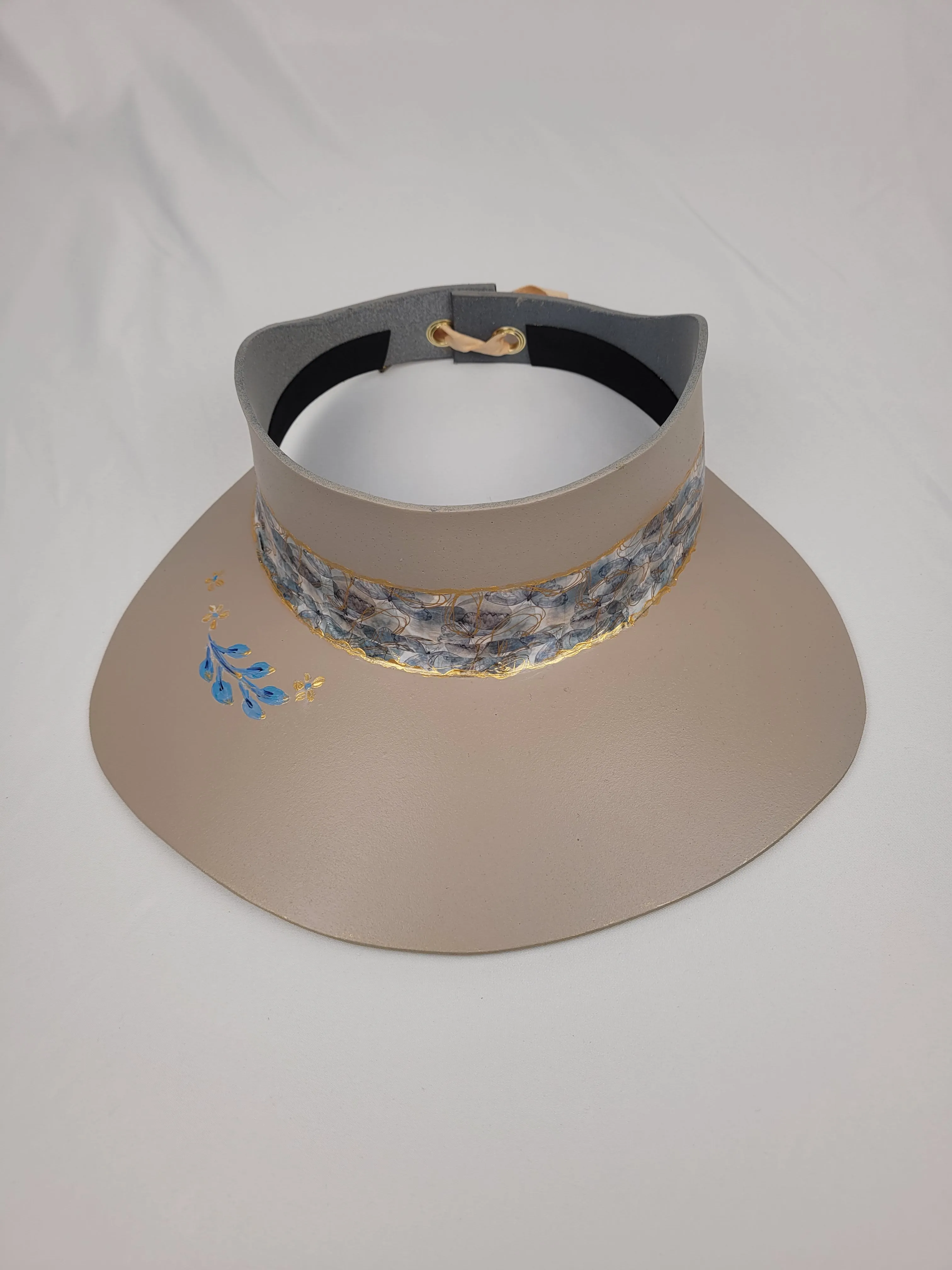 Taupe "LadyEVA" Hat with Blue and Golden Band and Handpainted Floral Motif