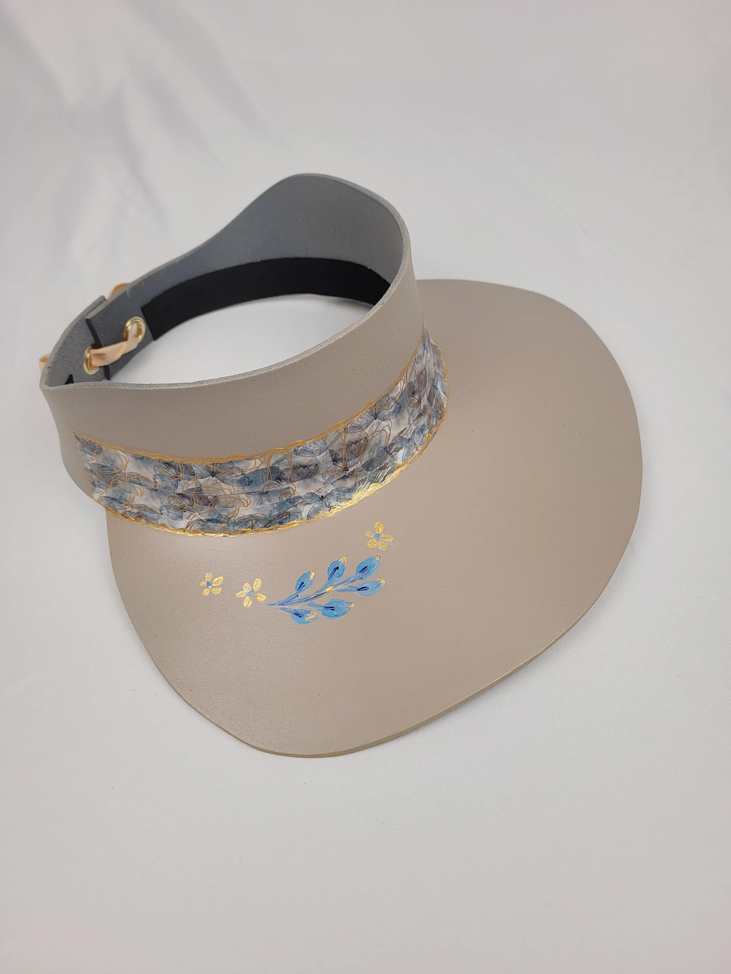 Taupe "LadyEVA" Hat with Blue and Golden Band and Handpainted Floral Motif