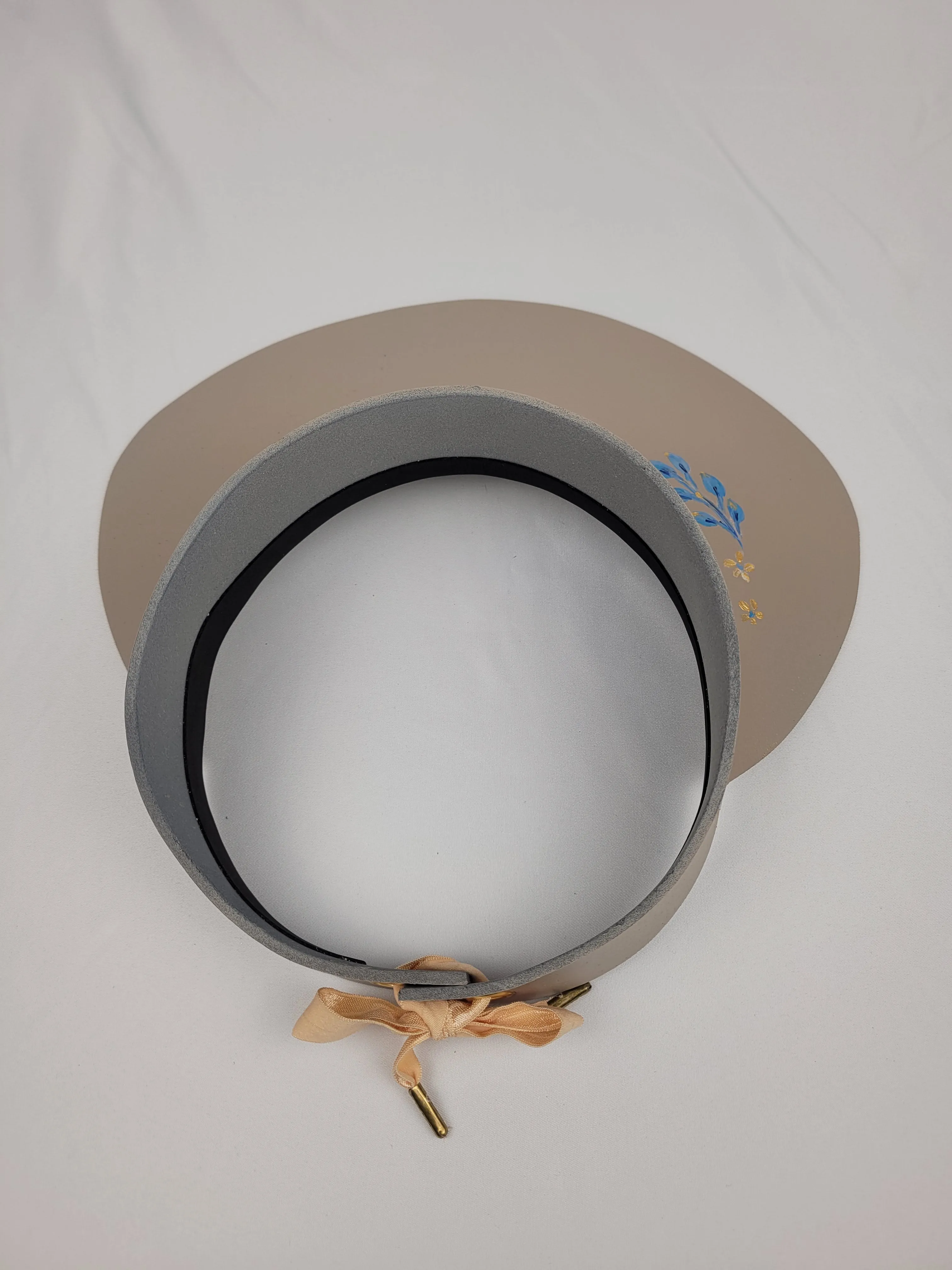 Taupe "LadyEVA" Hat with Blue and Golden Band and Handpainted Floral Motif