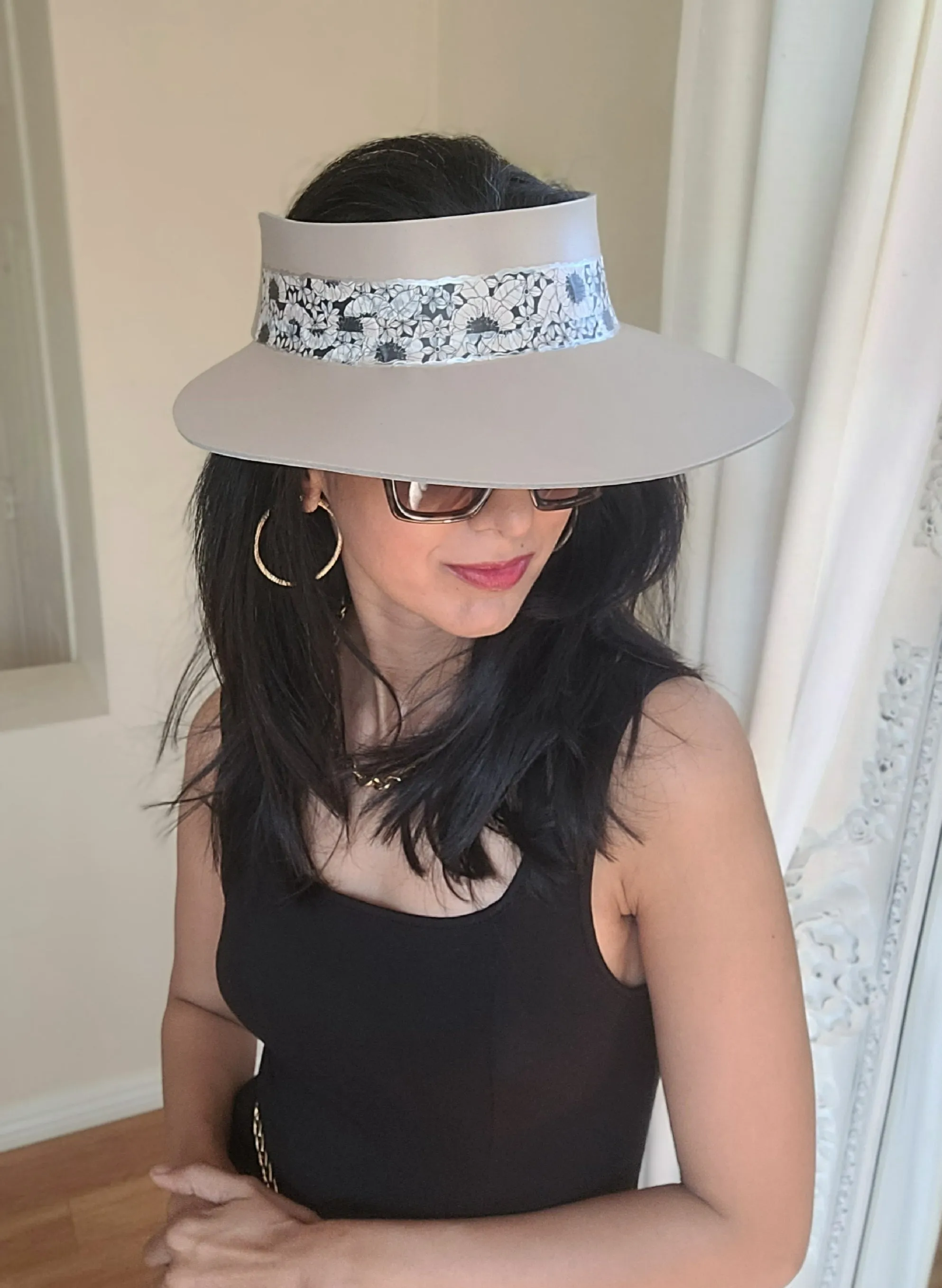 Taupe "LadyEVA" Visor Hat with Black and White Floral Band