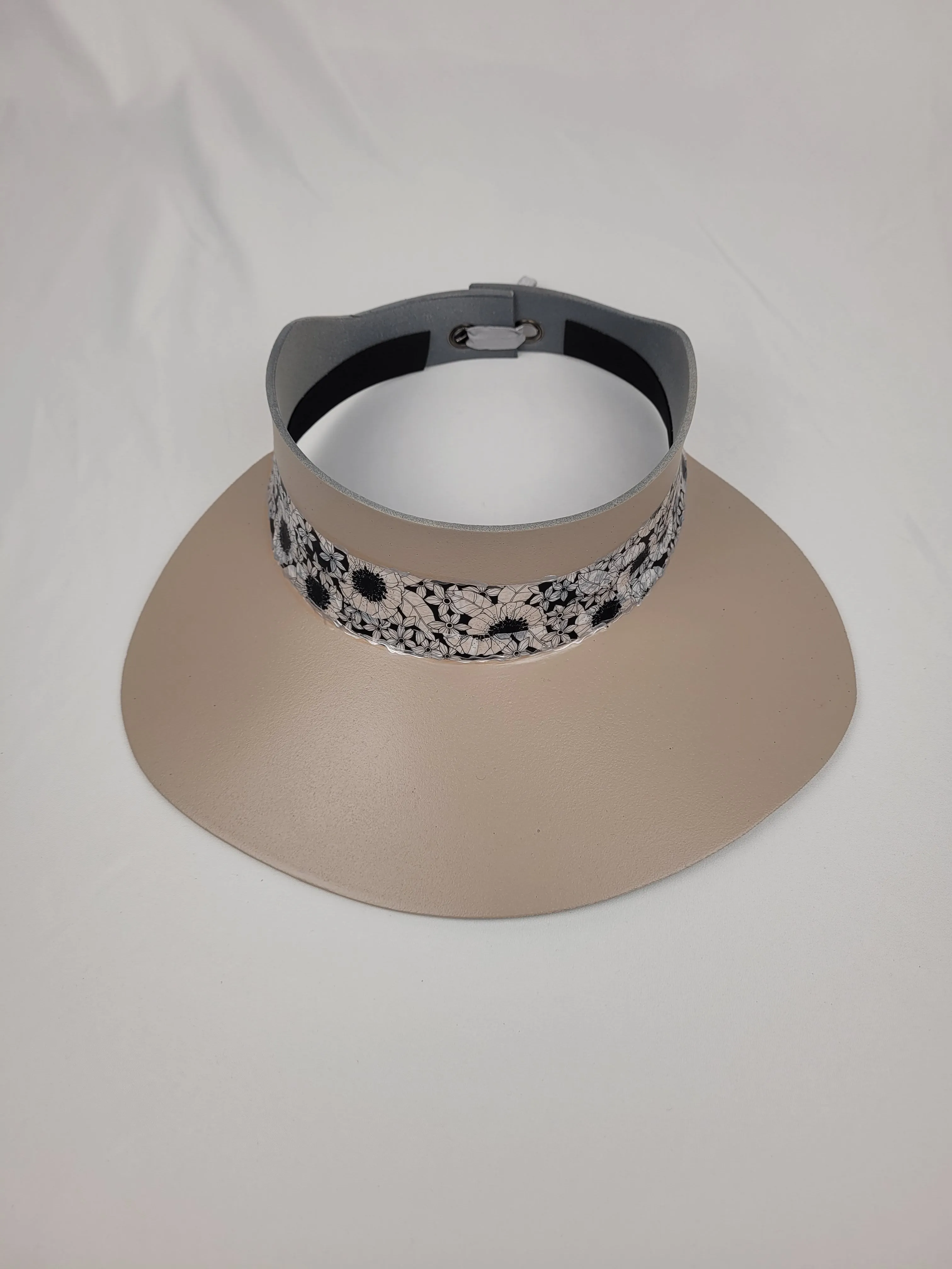 Taupe "LadyEVA" Visor Hat with Black and White Floral Band