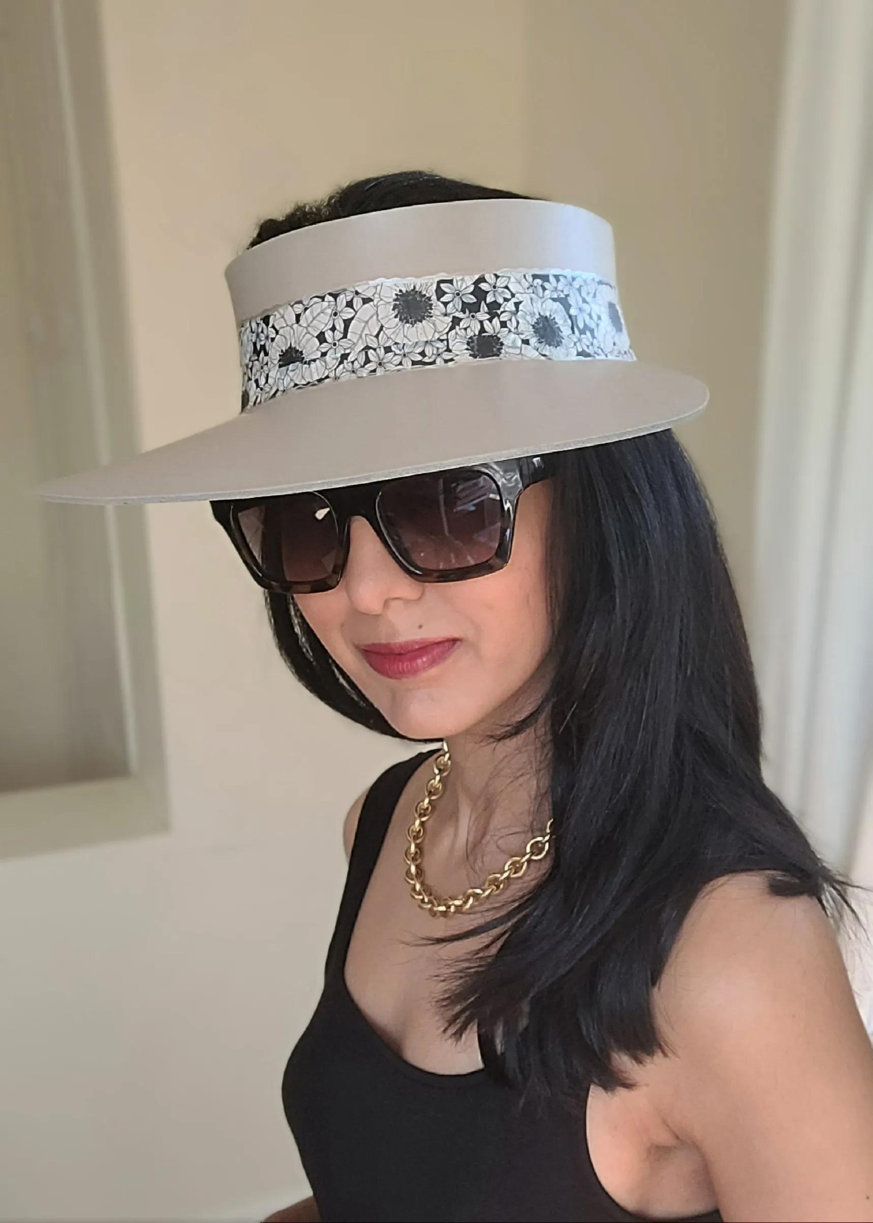 Taupe "LadyEVA" Visor Hat with Black and White Floral Band