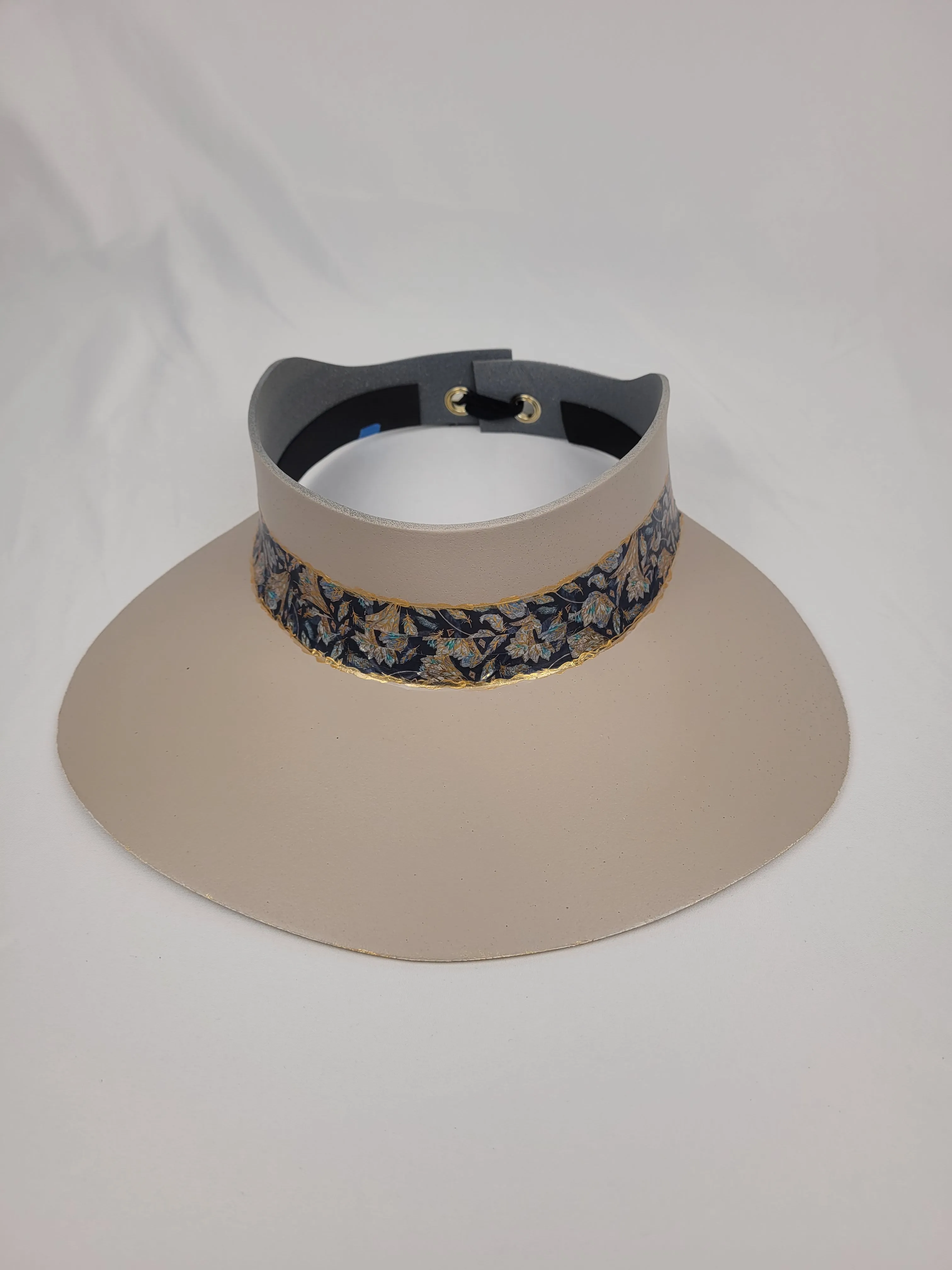 Taupe "LadyEVA" Visor Hat with Elegant Navy and Gold Band