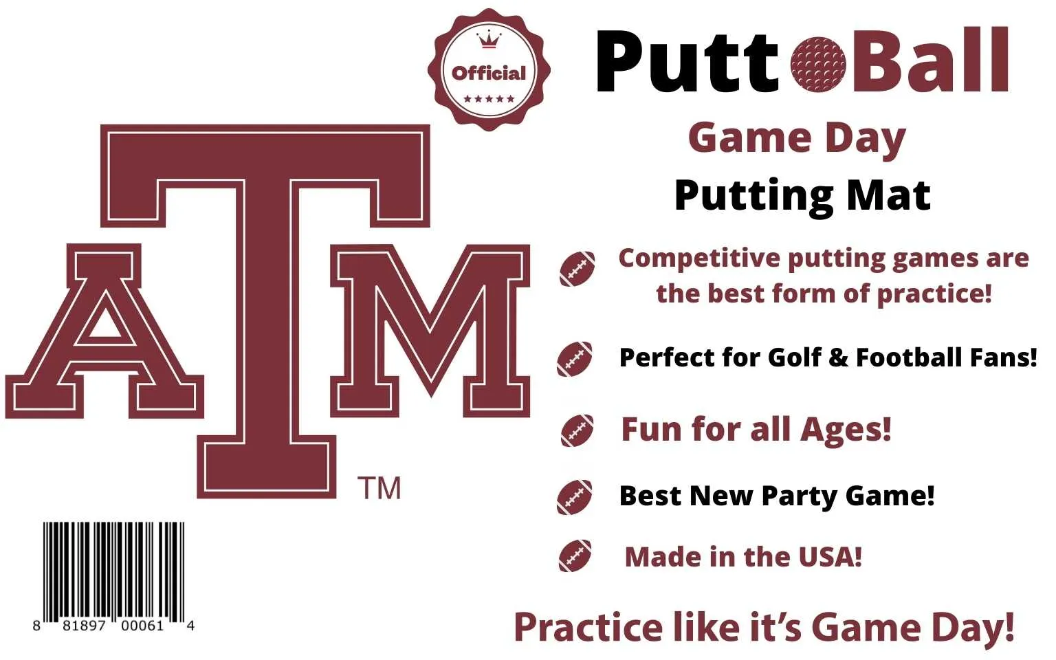 Texas A&M Putt Ball - Putting Mat Game - Make Practicing your Putts Entertaining While Representing Your Favorite University - Mat is 12 feet by 2 feet