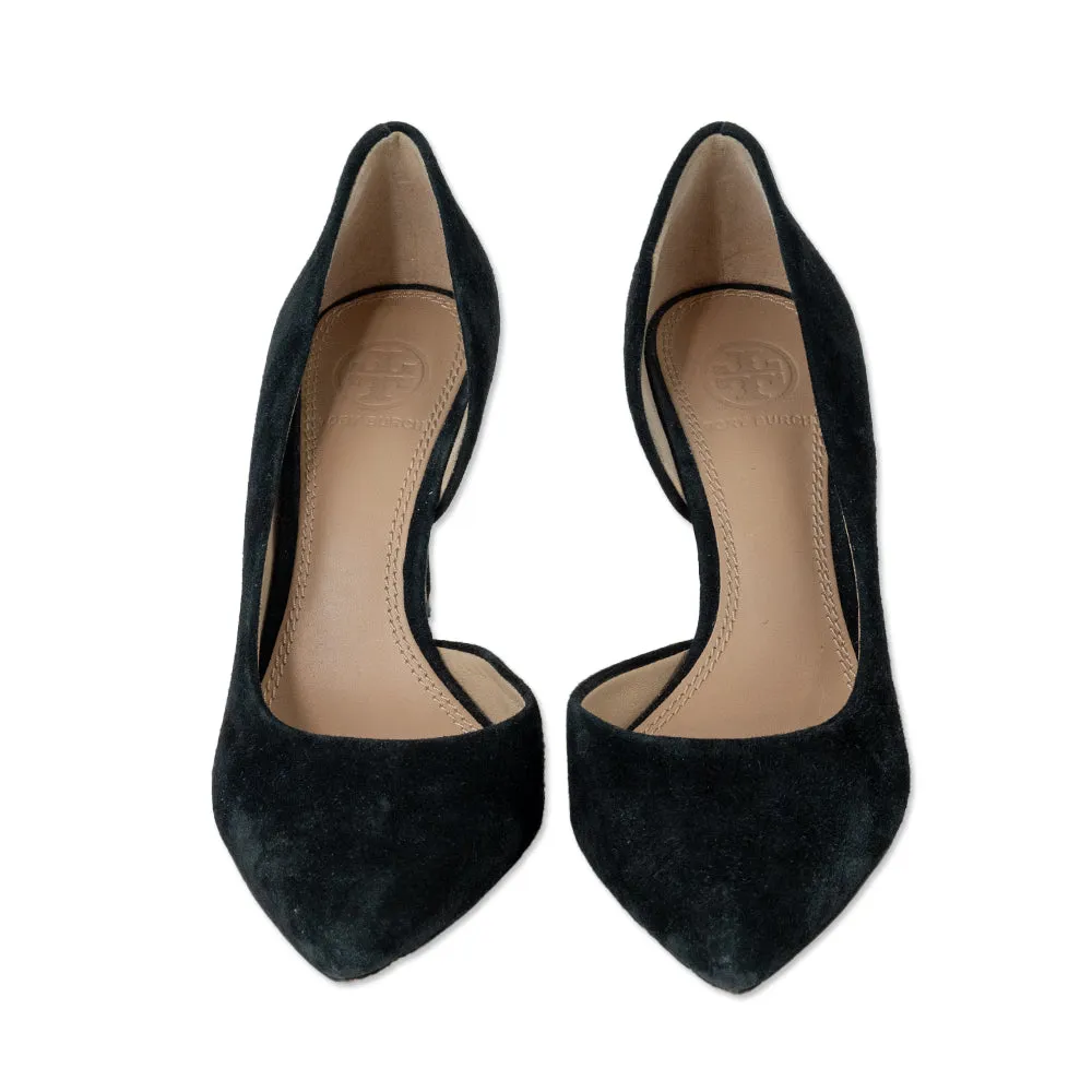 Tory Burch Black Suede Pointed Toe Pumps with Gold Under Heel